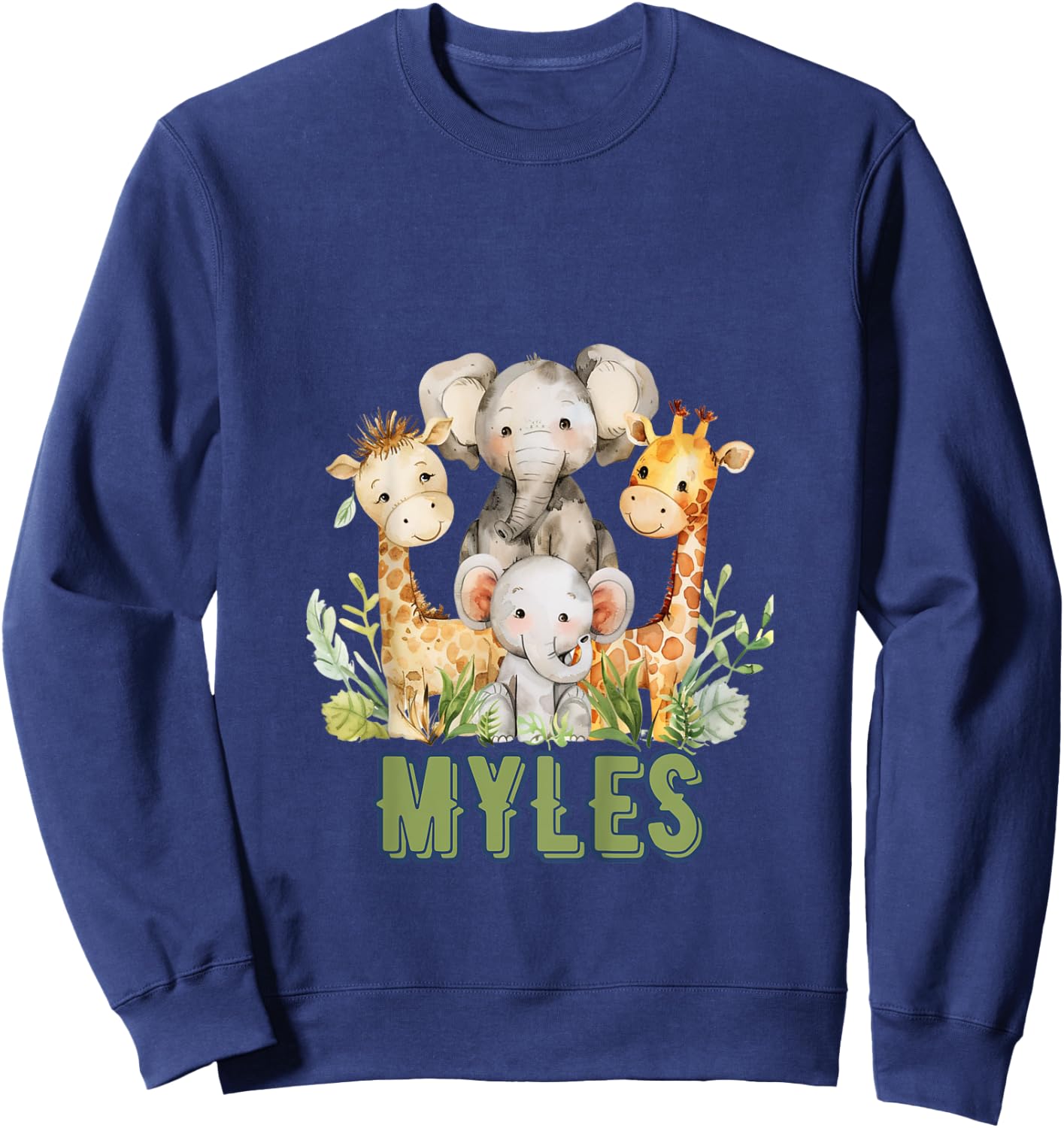 Kids MYLES First Name Safari Nursery Theme Elephant Giraffe Cute Sweatshirt - Sweatshirt | Navy