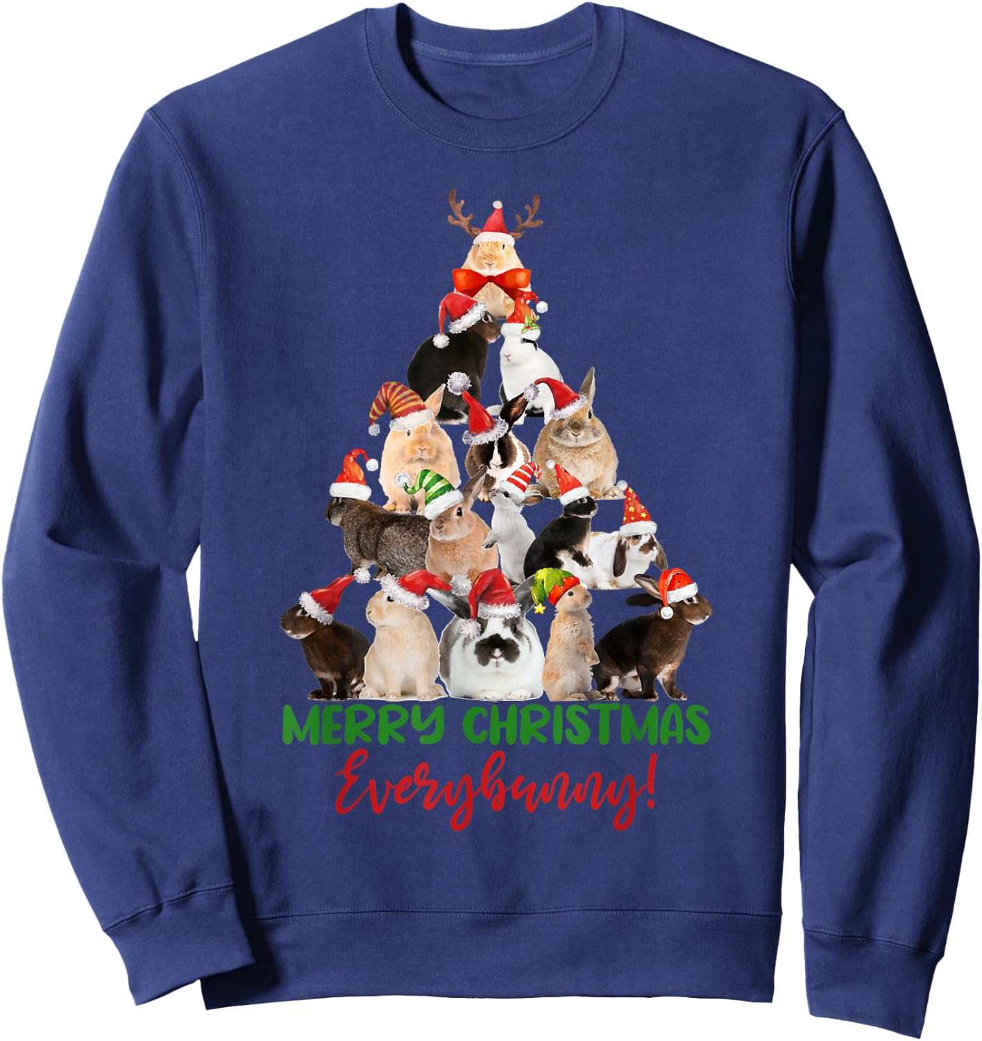 Christmas Tree with Santa Hat Bunnies Cute Holiday Sweatshirt - Sweatshirt | Navy