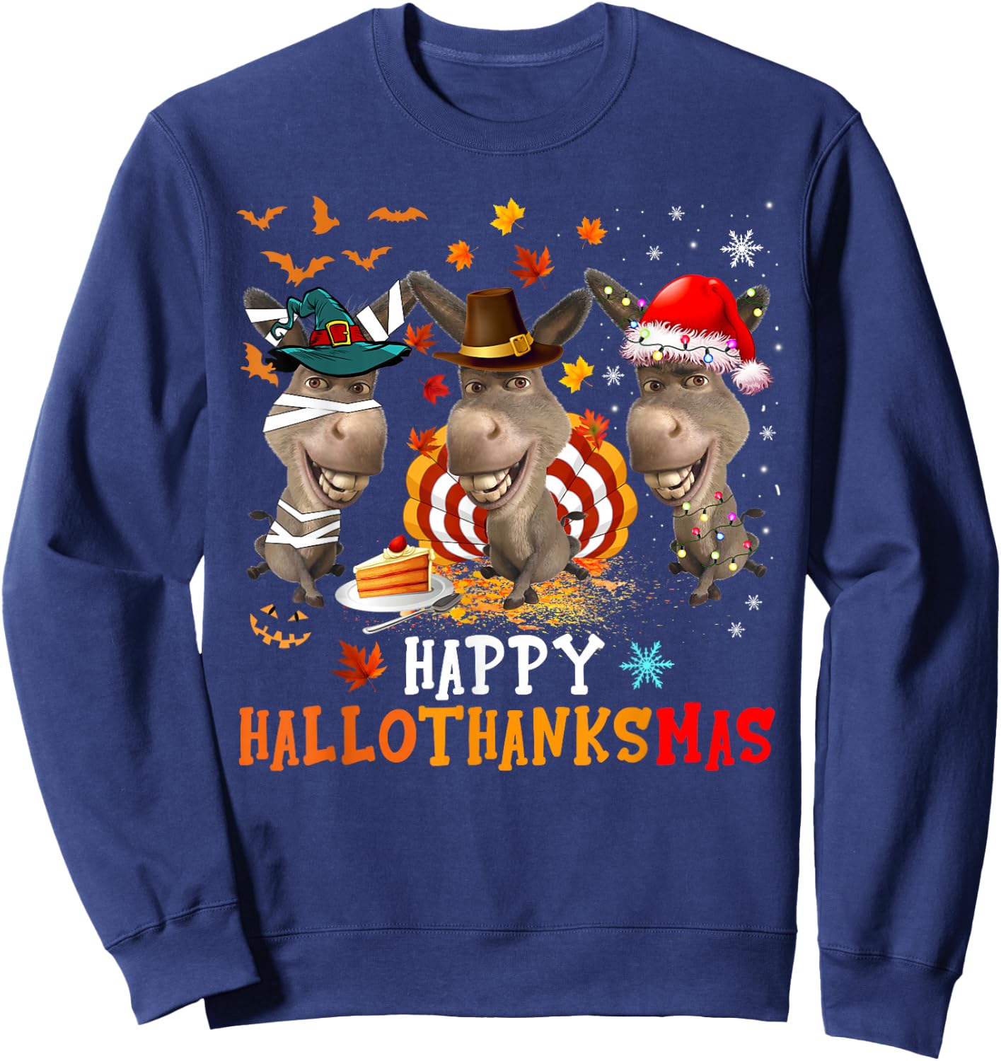 Happy HalloThanksMas Cute Santa Witch Turkey Donkey Farmer Sweatshirt - Sweatshirt | Navy