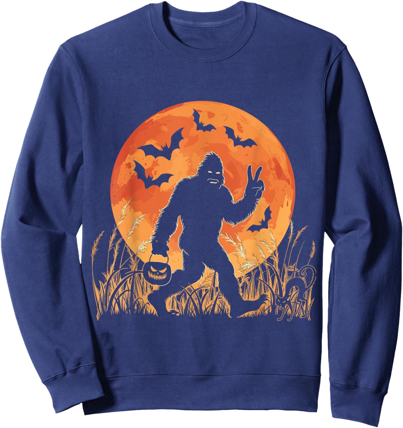 Vintage Bigfoot Pumpkin Halloween Moon Silhouette Sasquatch Sweatshirt - Sweatshirt | Navy