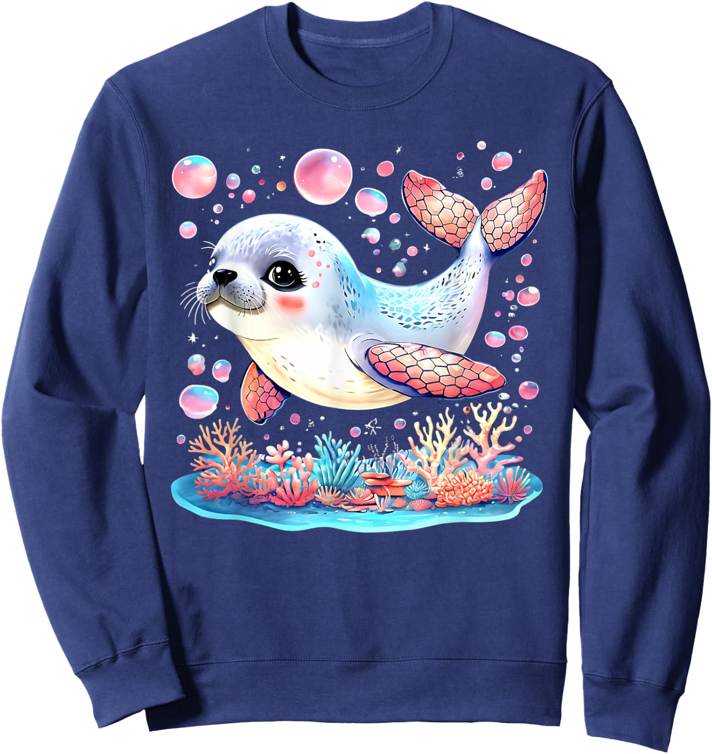 Cute Seal Pup Kawaii Ocean Underwater Sea Animals Kids Sweatshirt - Sweatshirt | Navy
