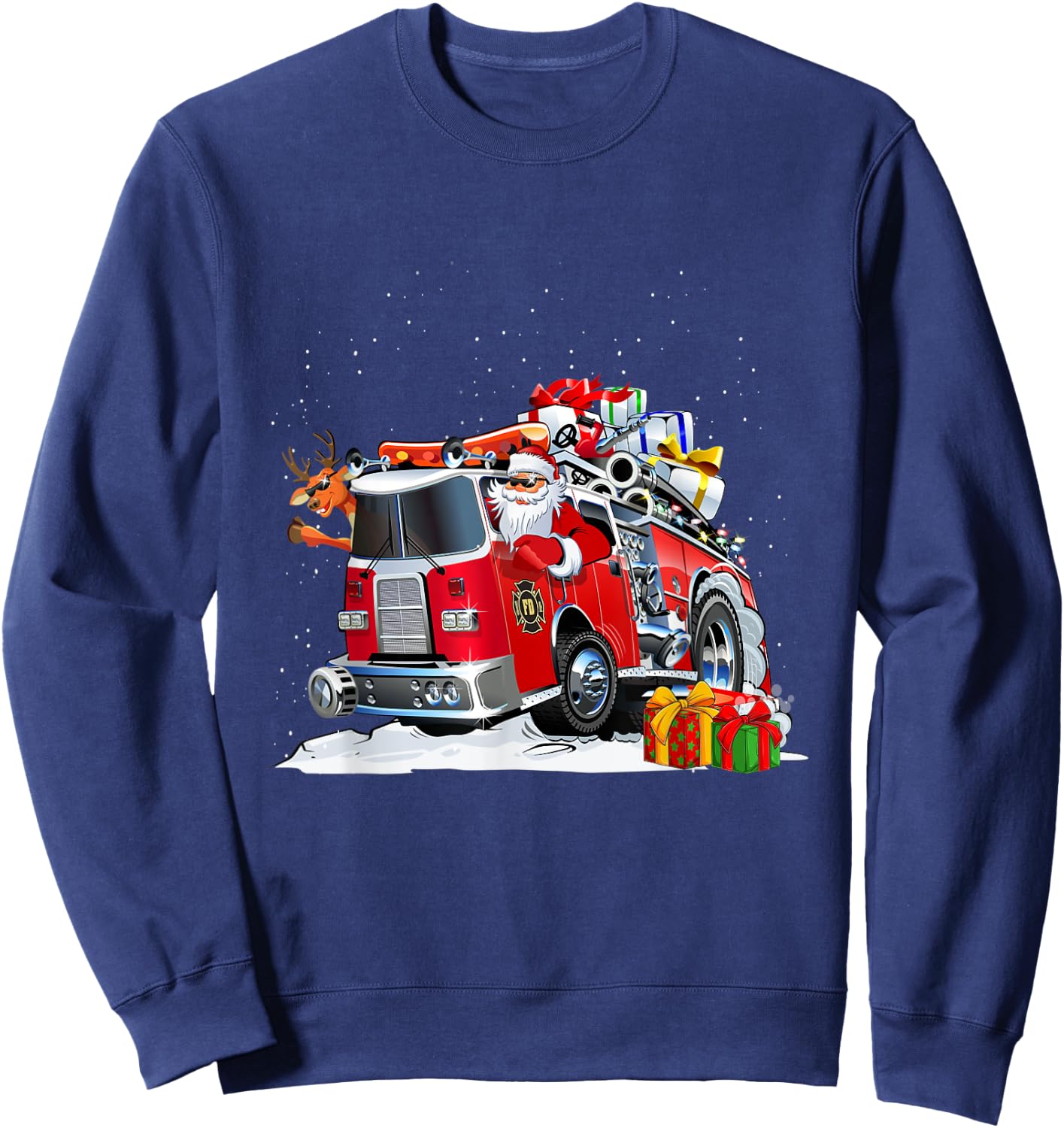 Firefighter Santa Fireman Driving Fire Truck Merry Christmas Sweatshirt - Sweatshirt | Navy