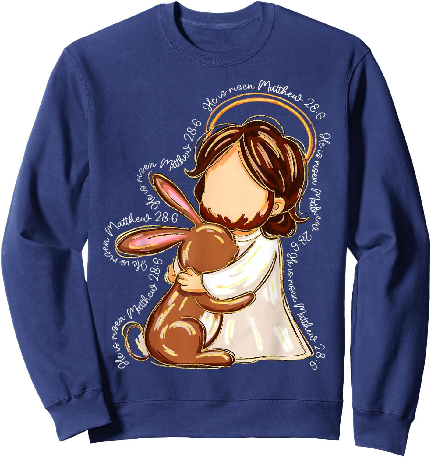 MATTHEW 28:6 Jesus Easter Hugging Bunny Christian Easter Sweatshirt - Sweatshirt | Navy