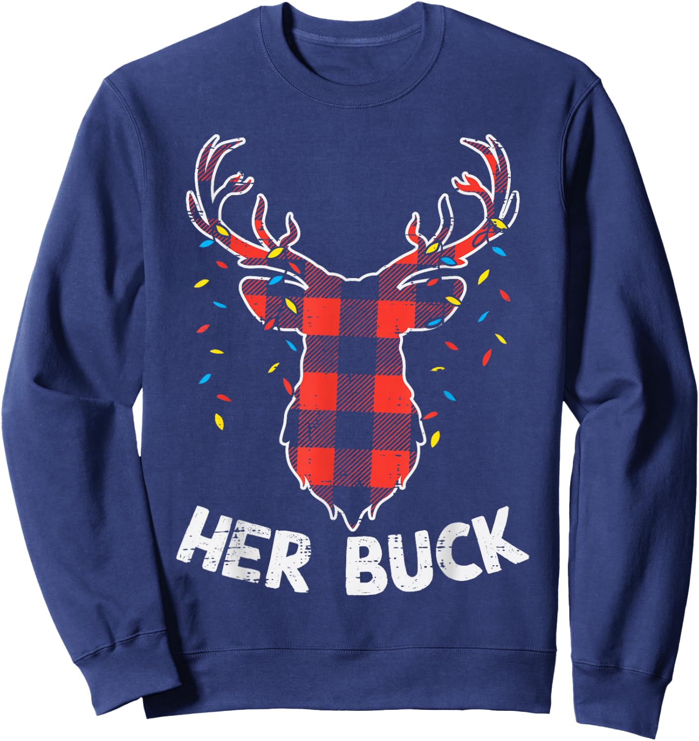 Plaid Reindeer Her Buck Matching Christmas Couple Men PJ Sweatshirt - Sweatshirt | Navy