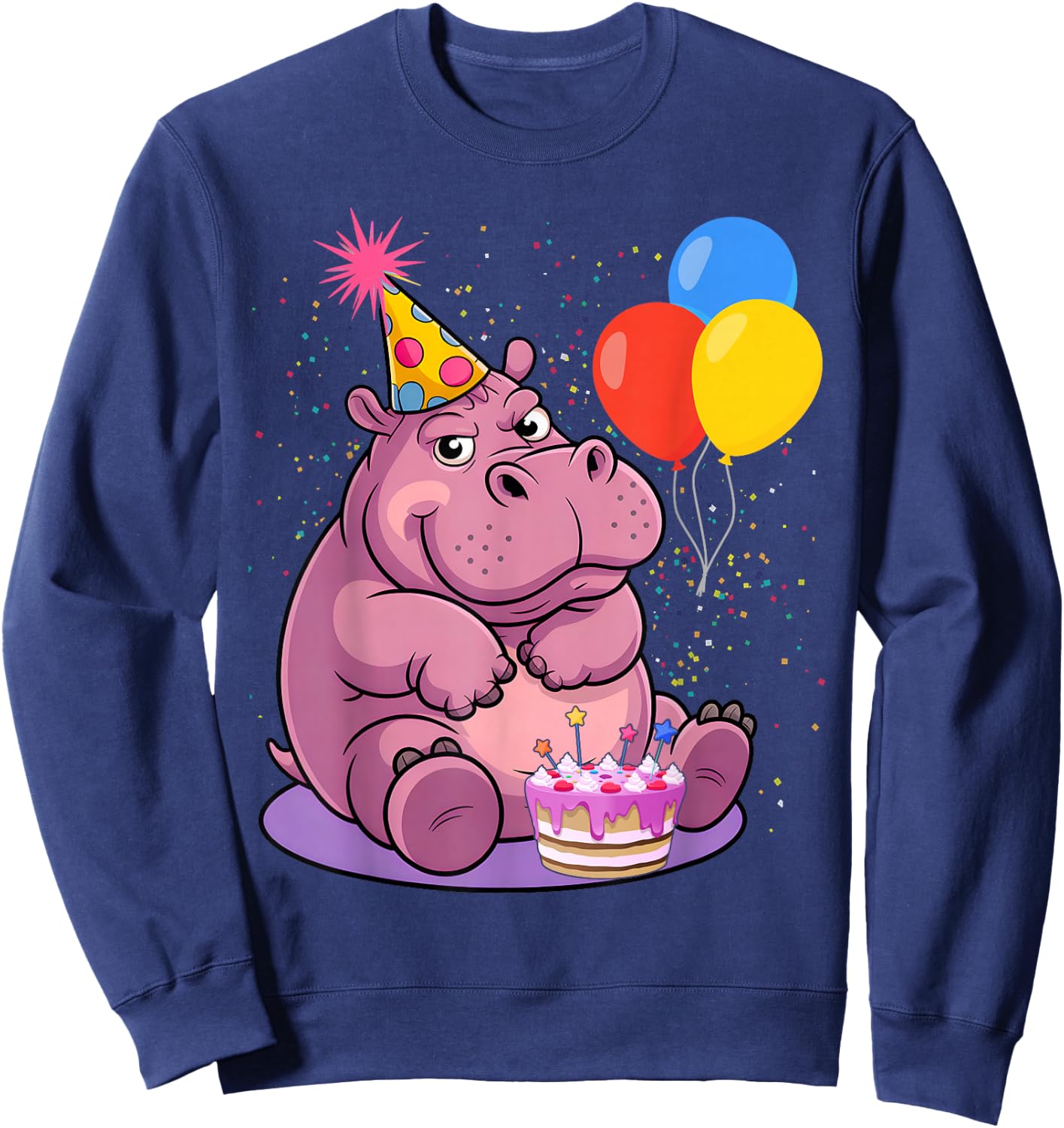 Hippo Wearing A Birthday Hat With Party Balloons Par Sweatshirt - Sweatshirt | Navy