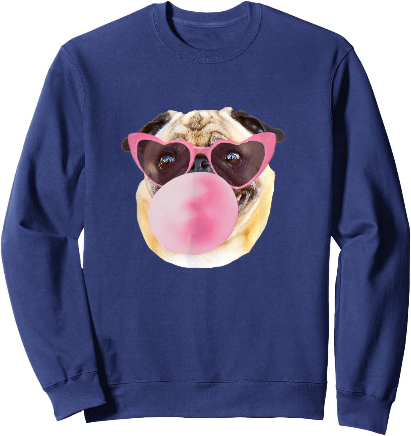 Dog Pug Pink Bubble Gum Heart Sunglasses Sweatshirt - Sweatshirt | Navy