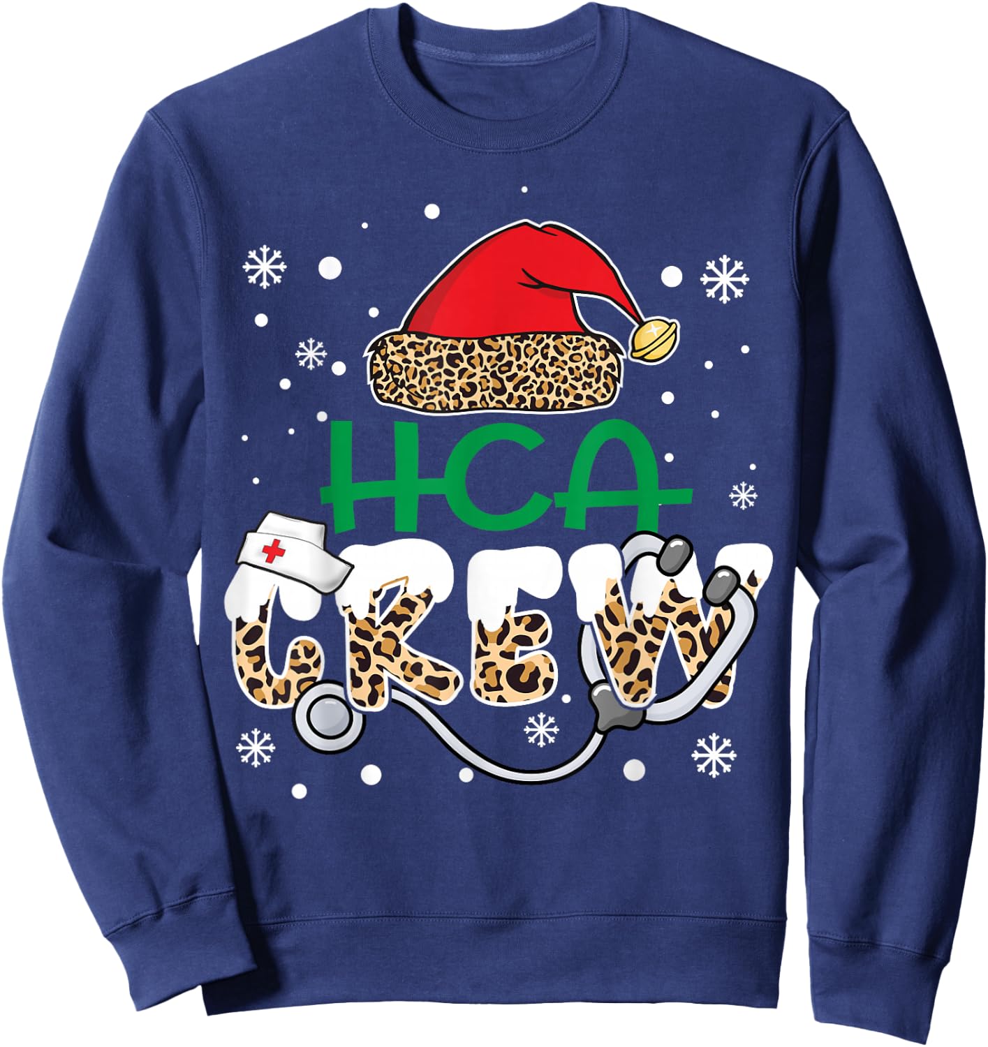 HCA Crew Leopard Santa Hat Stethoscope Funny Nurse Christmas Sweatshirt - Sweatshirt | Navy
