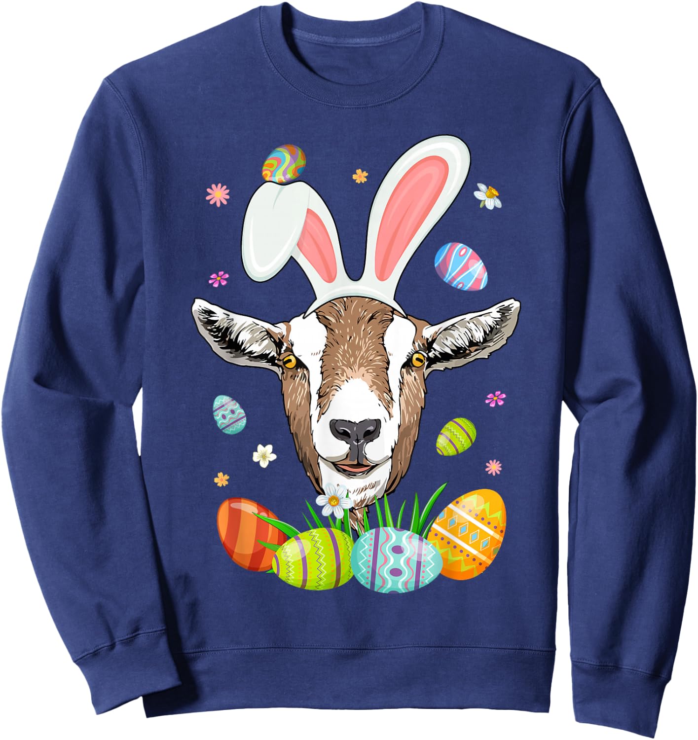 Cute Goat Face With Bunny Ears Colorful Eggs Easter Day Kids Sweatshirt - Sweatshirt | Navy