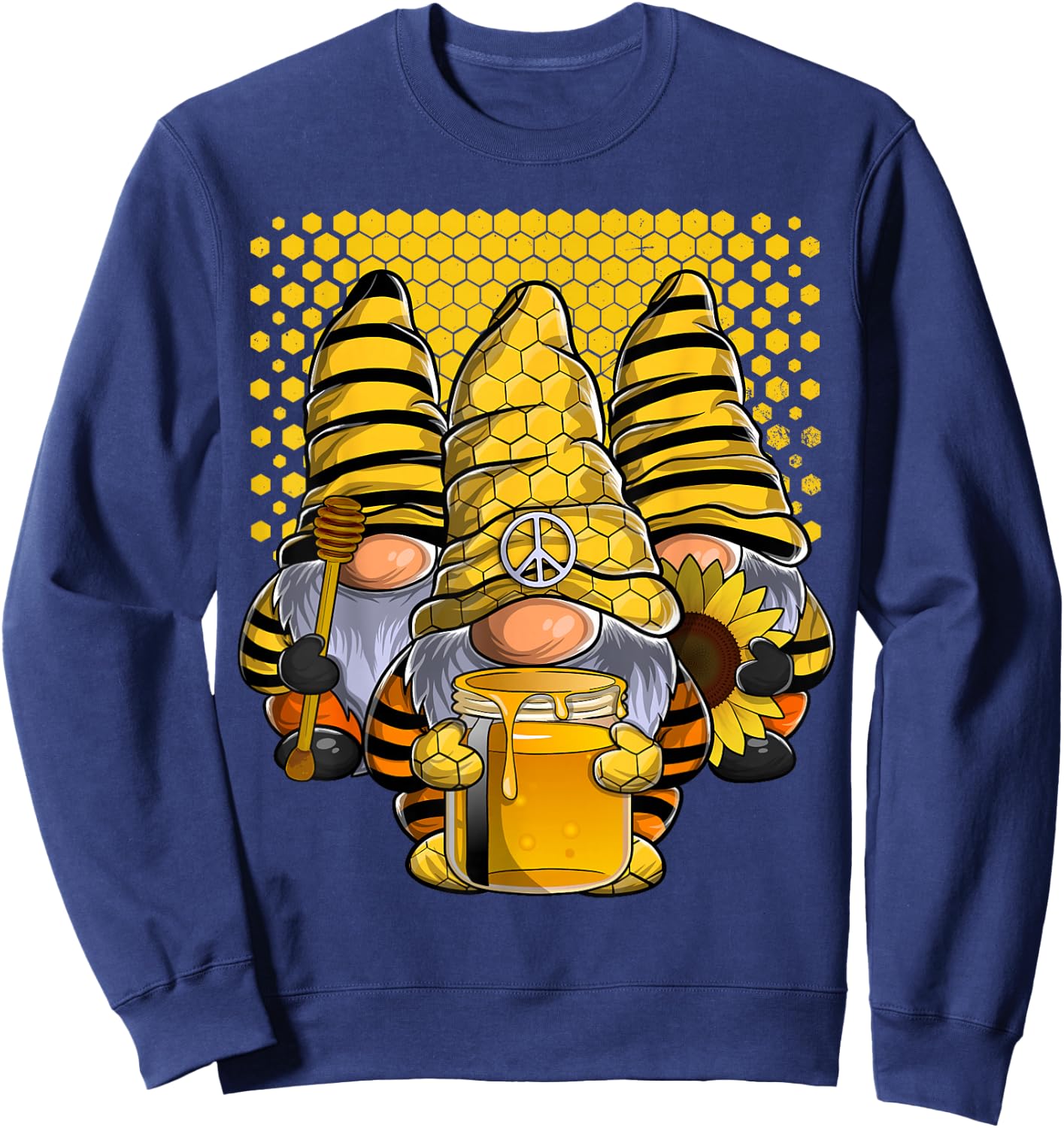 Three Honey Gnomes Sunflower Bee Peace Gnome Sweatshirt - Sweatshirt | Navy