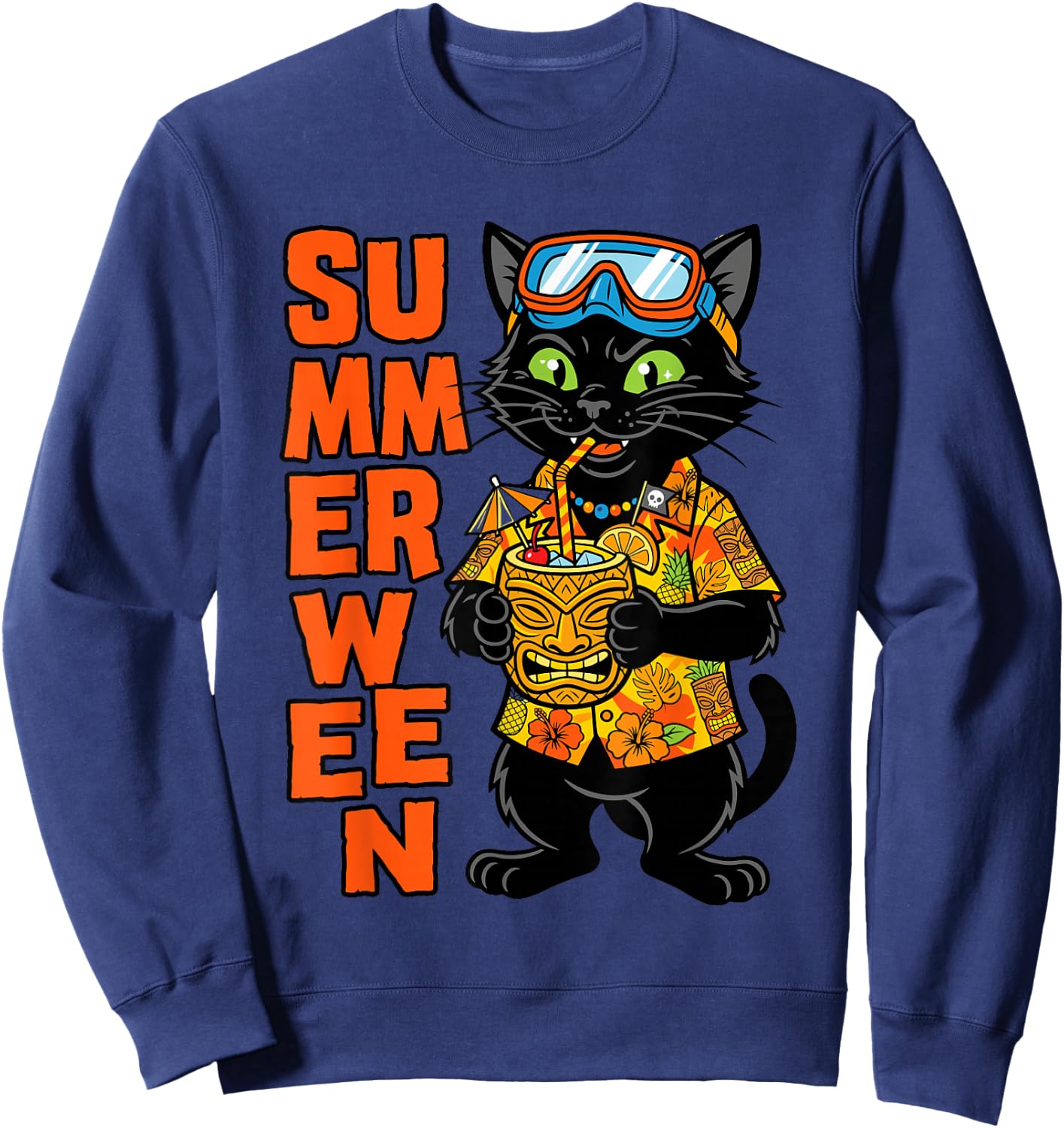 Summerween Cat Tiki Vacation Sweatshirt - Sweatshirt | Navy