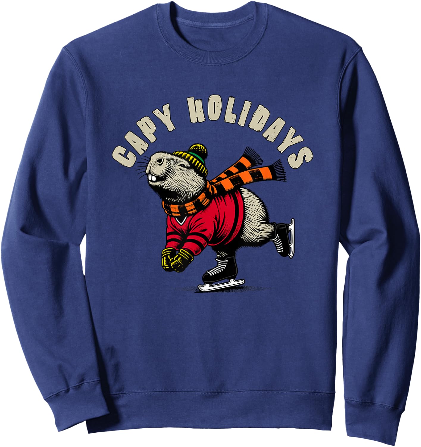 Funny Capybara Holiday Capy Holiday Ice Skating Capybara Sweatshirt - Sweatshirt | Navy