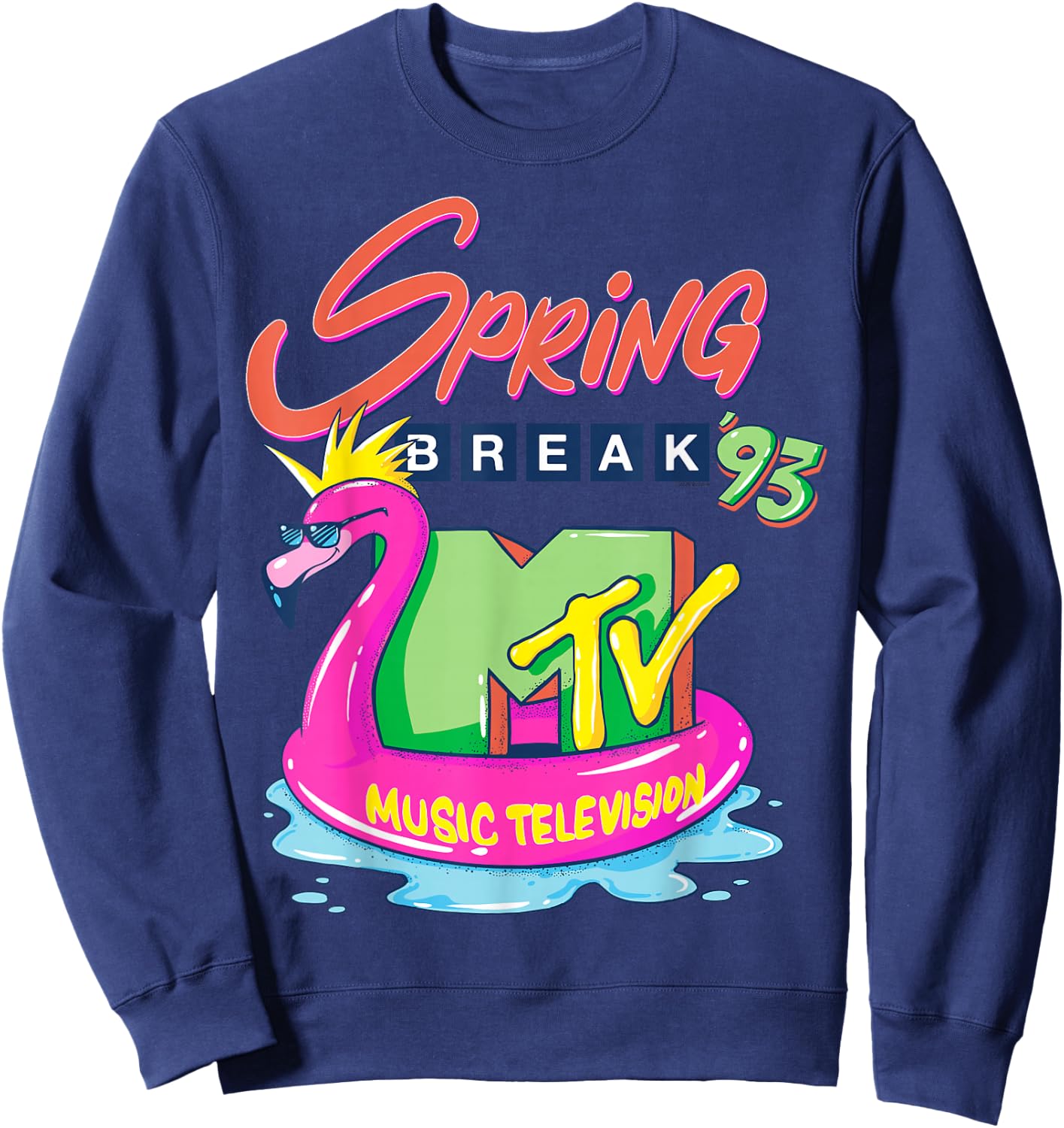 MTV Logo with Pink Flamingo Float - Spring Break '93 Sweatshirt - Sweatshirt | Navy