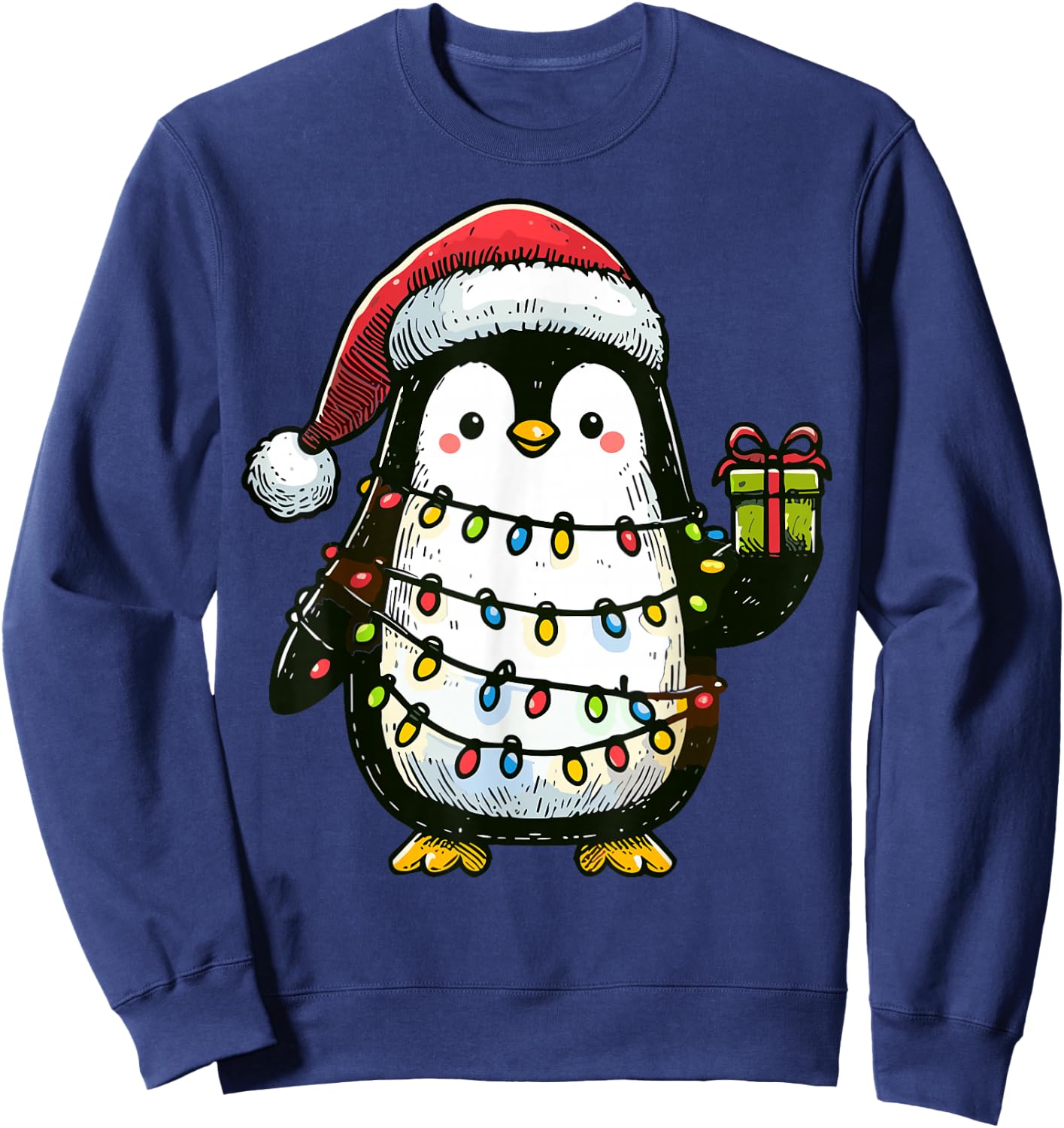 Penguin Wearing Santa Claus Hat Holding A Present Box Xmas Sweatshirt - Sweatshirt | Navy