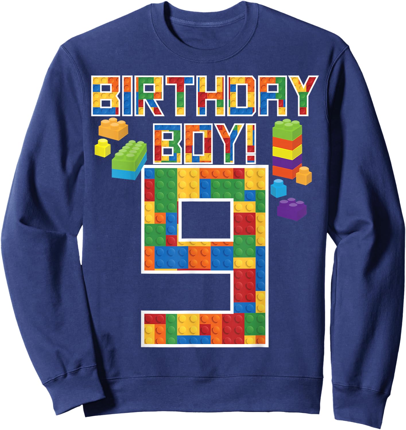 Cute 9th Birthday Gift 9 Years Old Block Building Boys Kids Sweatshirt - Sweatshirt | Navy