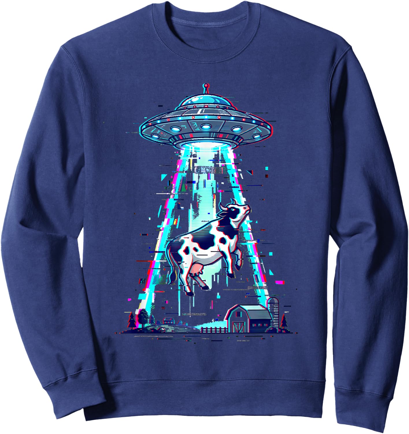 Funny Cow Abduction UFO Glitch Art Alien Meme Space Boys Men Sweatshirt - Sweatshirt | Navy