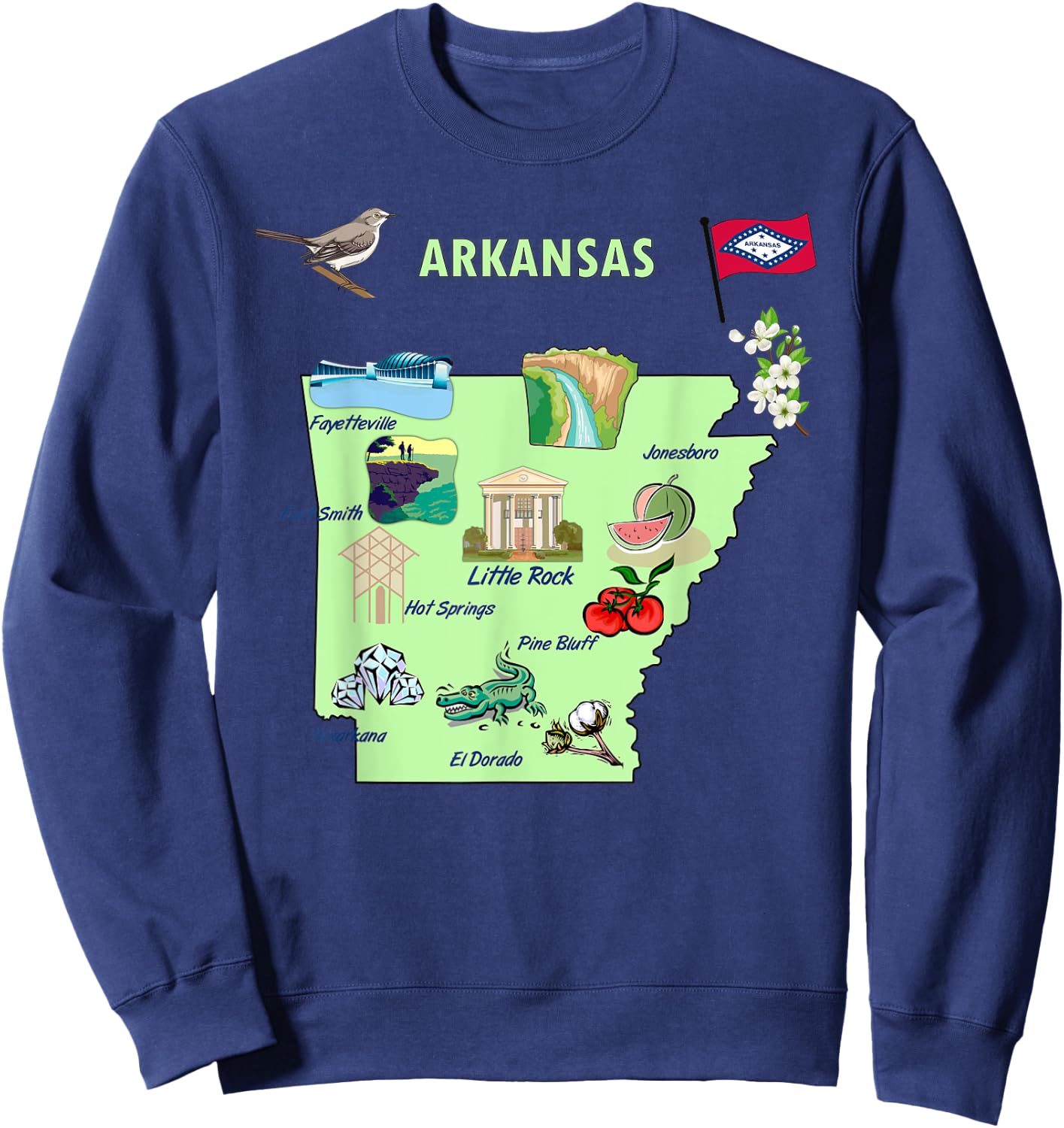 Arkansas state tourist map, landmarks, famous symbols, USA Sweatshirt - Sweatshirt | Navy