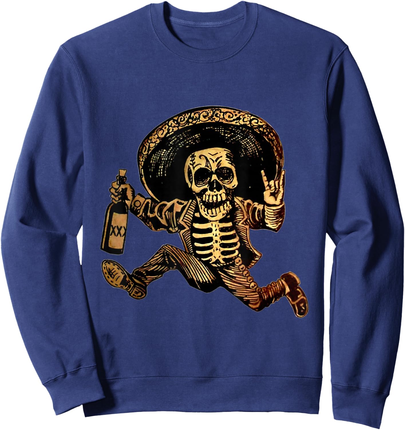 Rock And Roll Hand Skull Drinking Wine Funny Halloween Sweatshirt - Sweatshirt | Navy