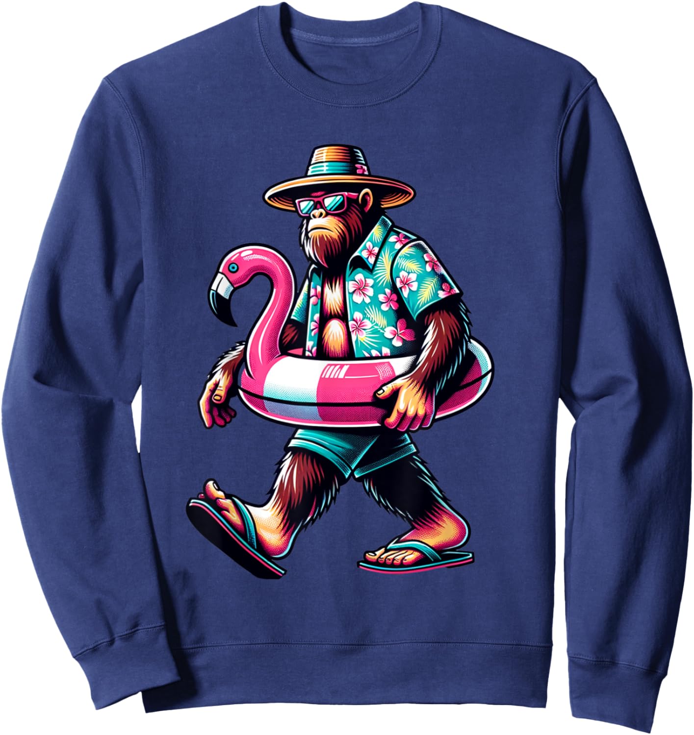 Bigfoot Pink Flamingo Aloha Pool Party Hawaiian Party Sweatshirt - Sweatshirt | Navy