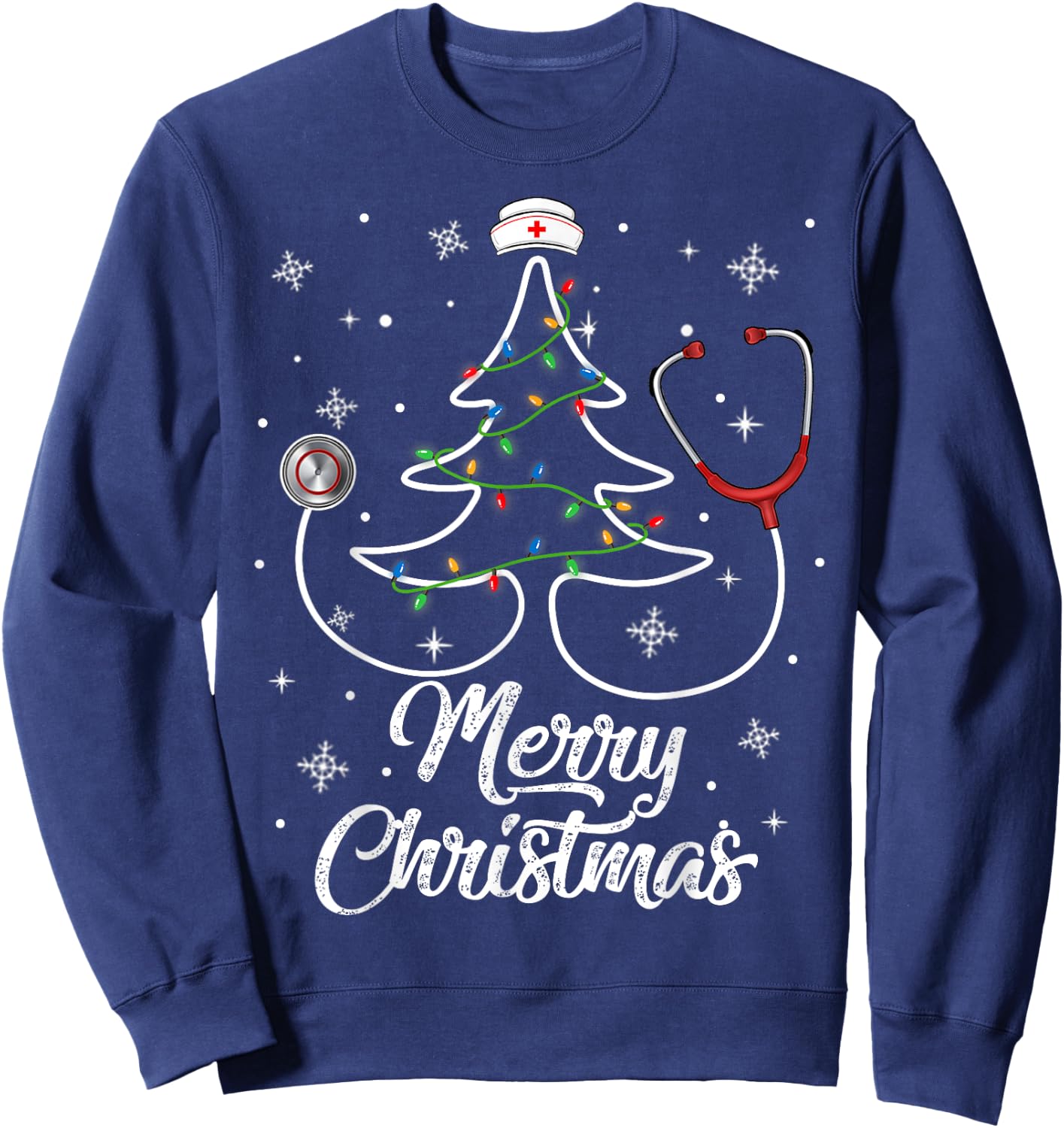 Merry Christmas Nurse Shirt Stethoscope Tree Lights Gift Sweatshirt - Sweatshirt | Navy