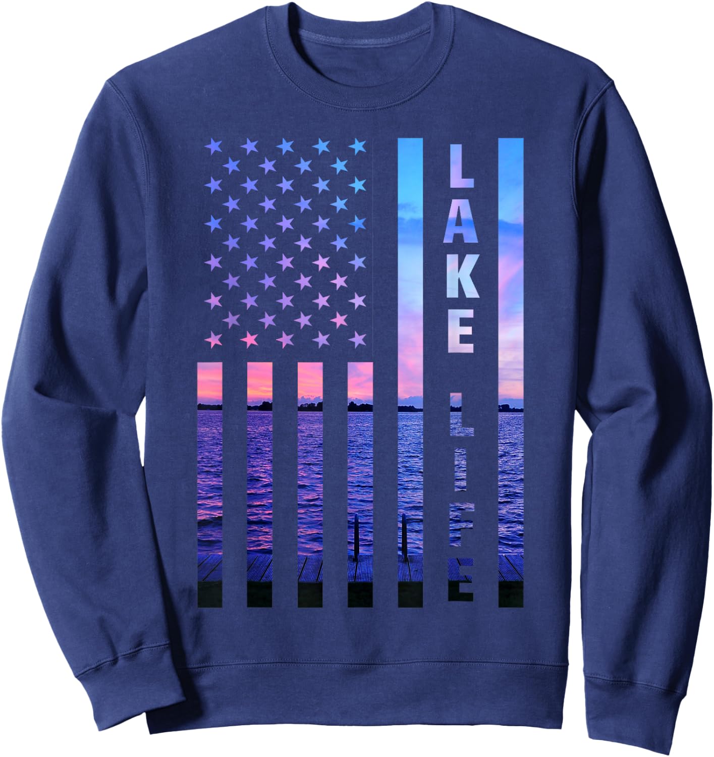 Lake Life American Flag Dock Sunset Wakeboarder Power Boat Sweatshirt - Sweatshirt | Navy