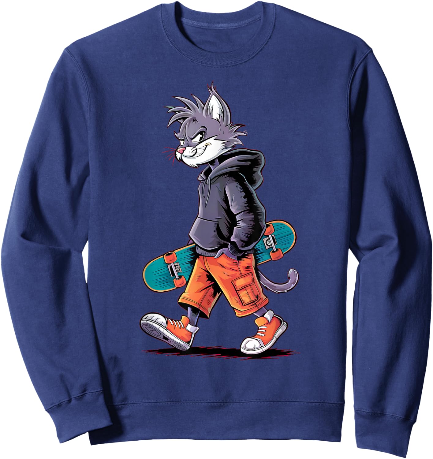Boys Men Skatepark Cool Skater Cat Rizzler Skateboard Sweatshirt - Sweatshirt | Navy