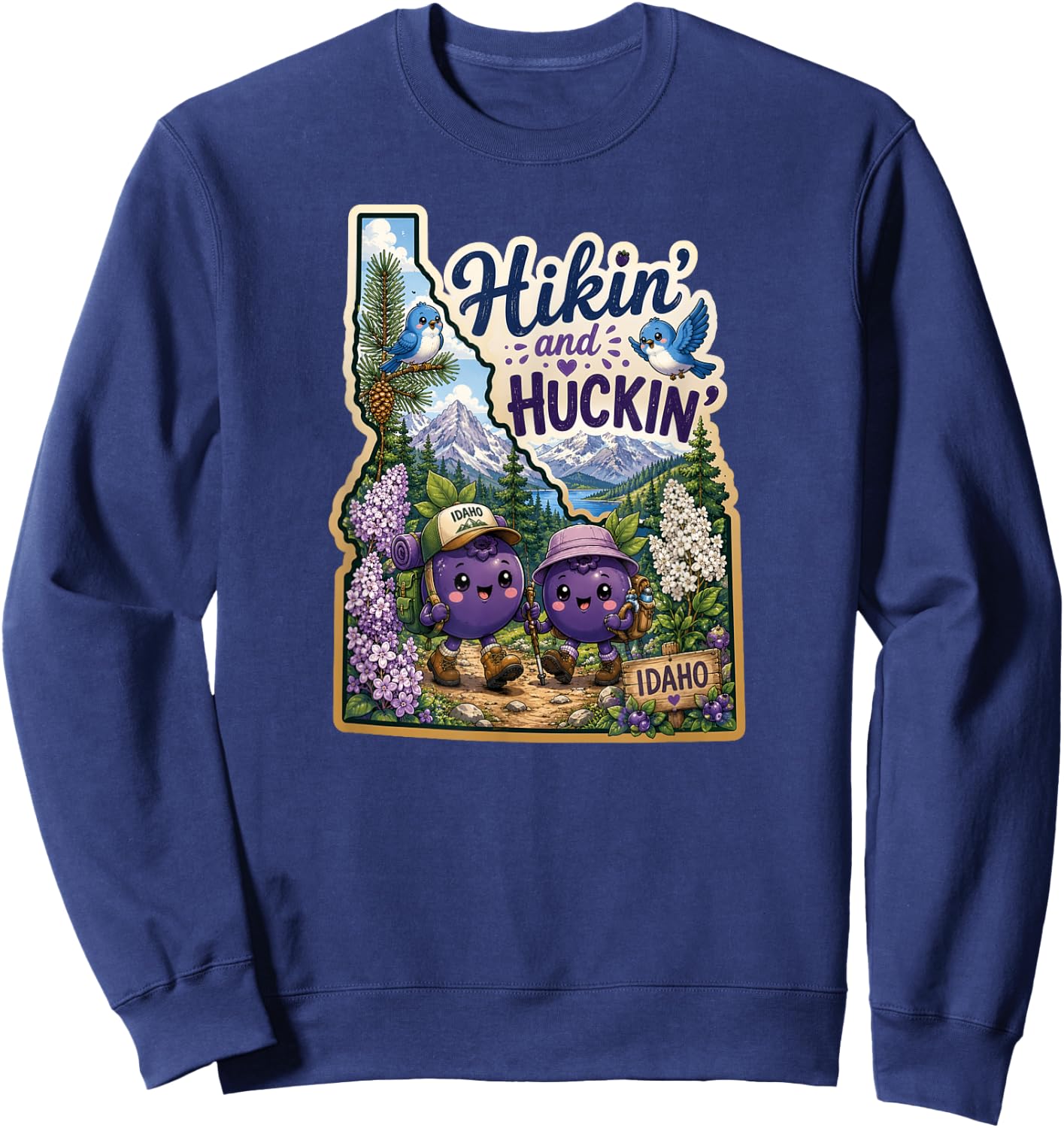 Idaho Hikin' and Huckin' Kawaii Huckleberry Adventure Design Sweatshirt - Sweatshirt | Navy