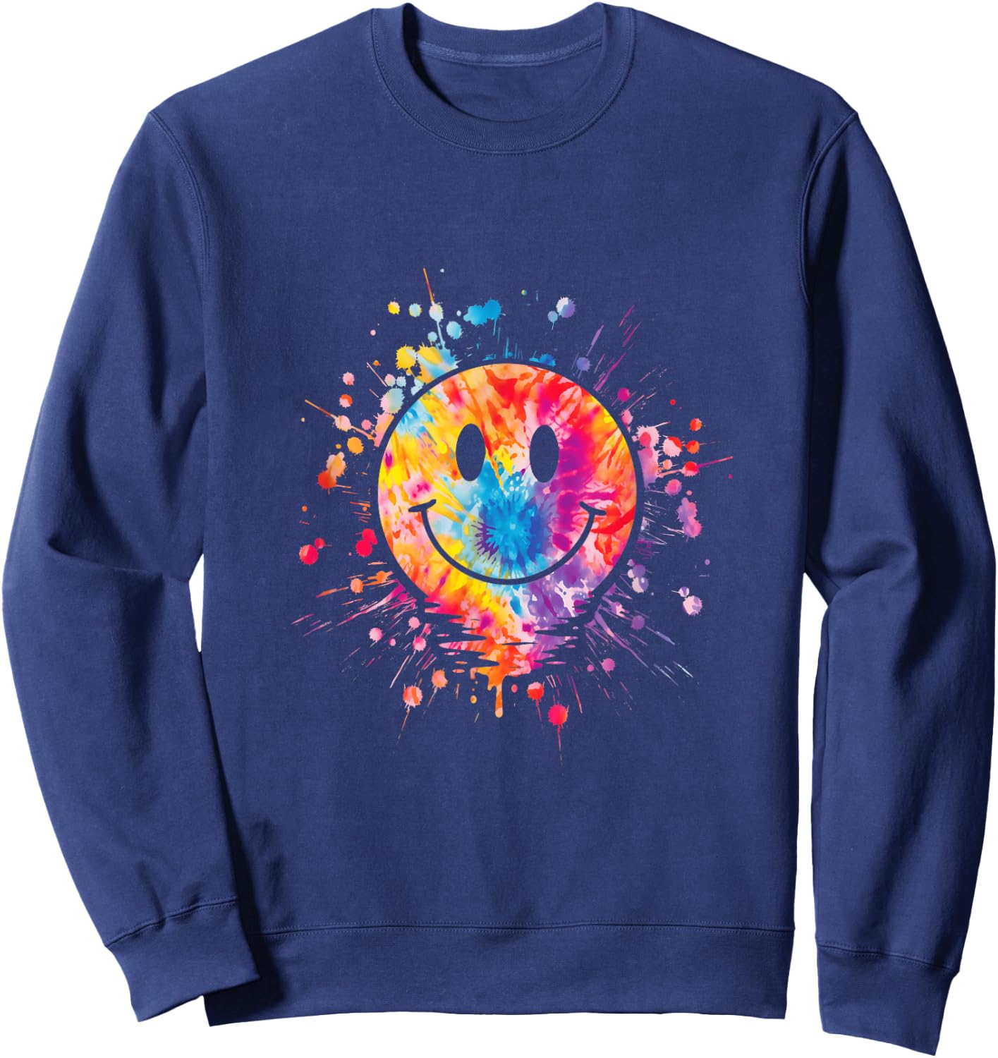 Retro Happy Face Rainbow Tie Dye Splatter 70s Peace Smile Sweatshirt - Sweatshirt | Navy