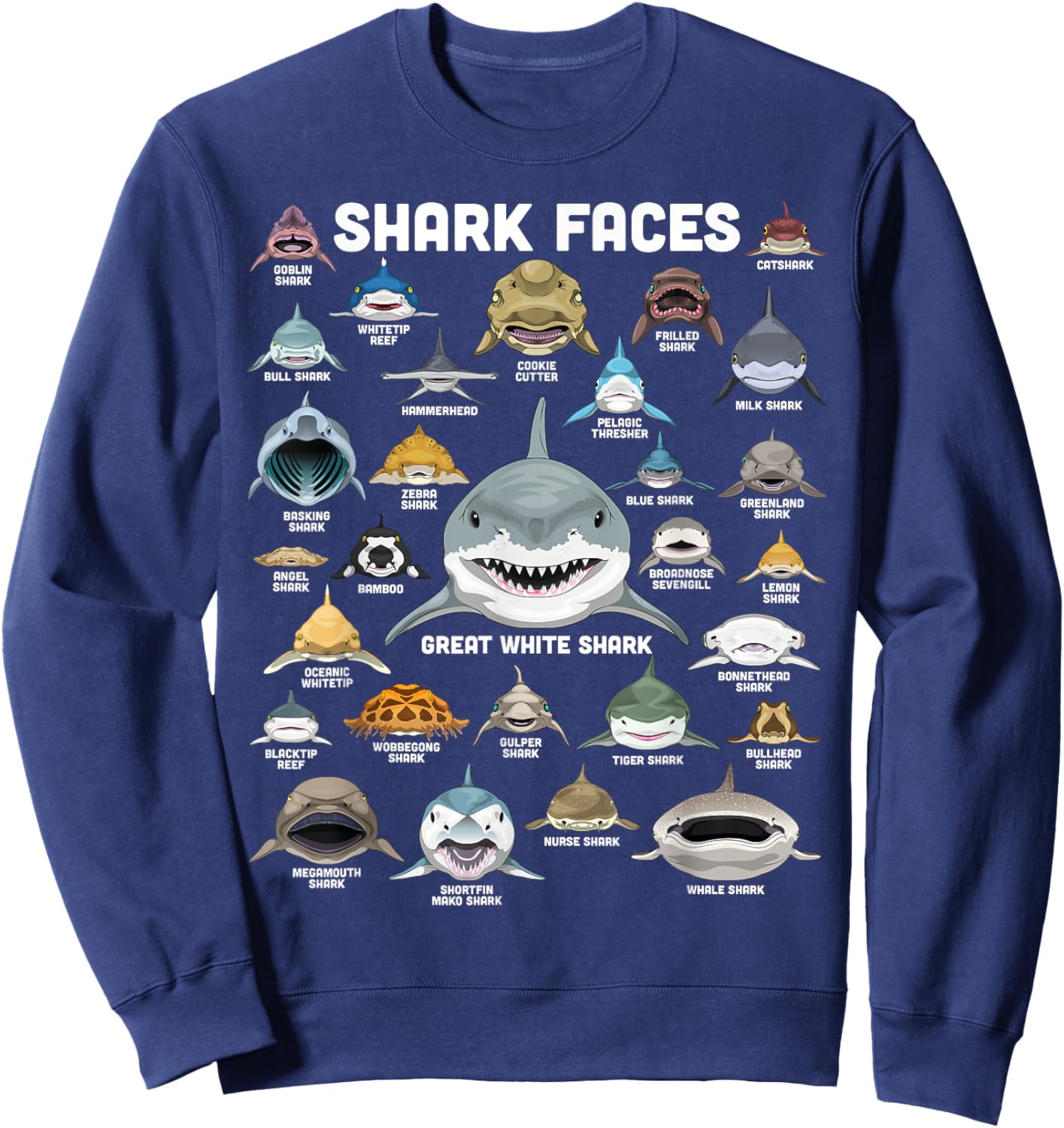 Shark Faces Shirt Types of Shark Funny Marine Biology Shark Sweatshirt - Sweatshirt | Navy