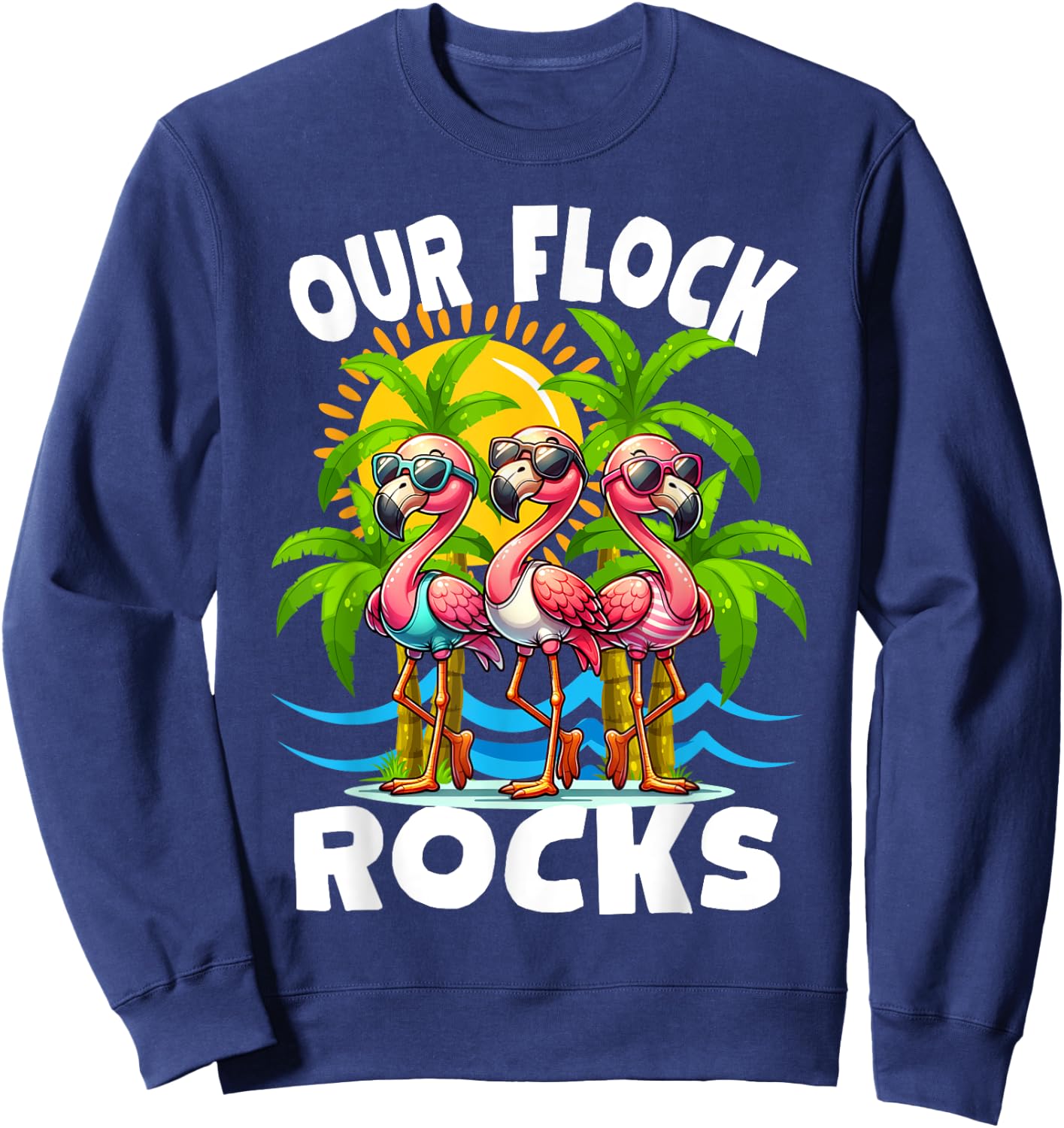 Our Flock Rocks Funny Flamingo Matching Family Vacation Sweatshirt - Sweatshirt | Navy