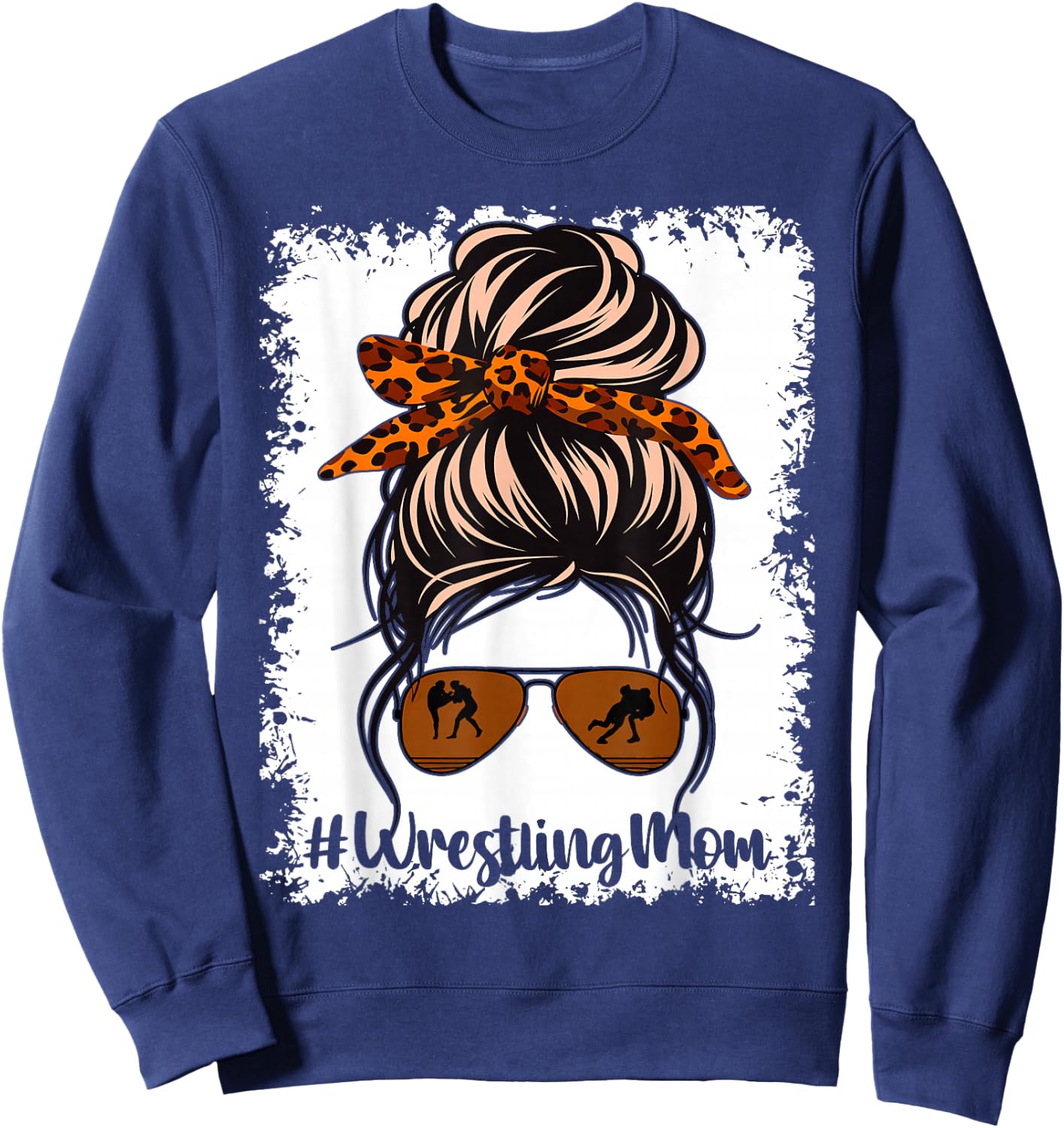 Bleached Life Wrestling Mom Leopard Messy Bun Glasses Sweatshirt - Sweatshirt | Navy