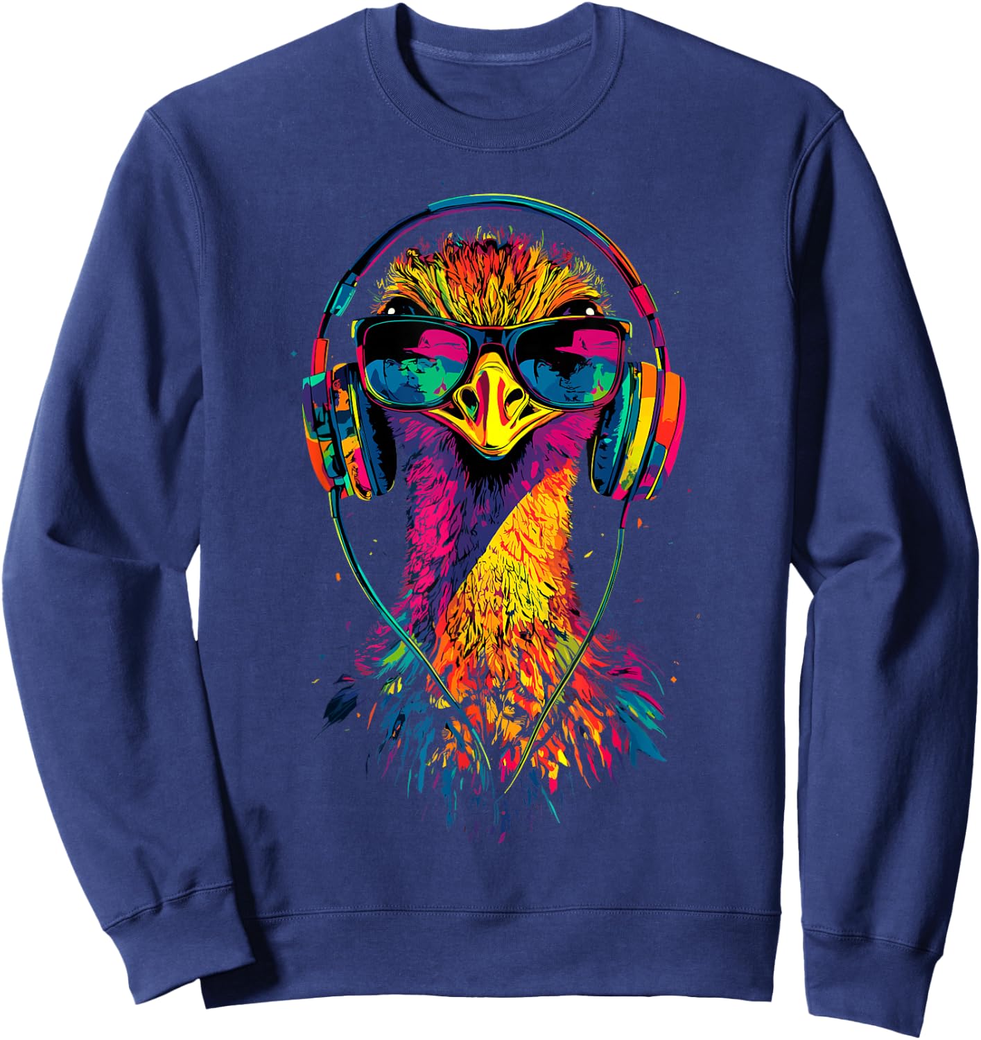 Ostrich Bird with Headphones Colorful Emu Music DJ , Black, S Sweatshirt - Sweatshirt | Navy