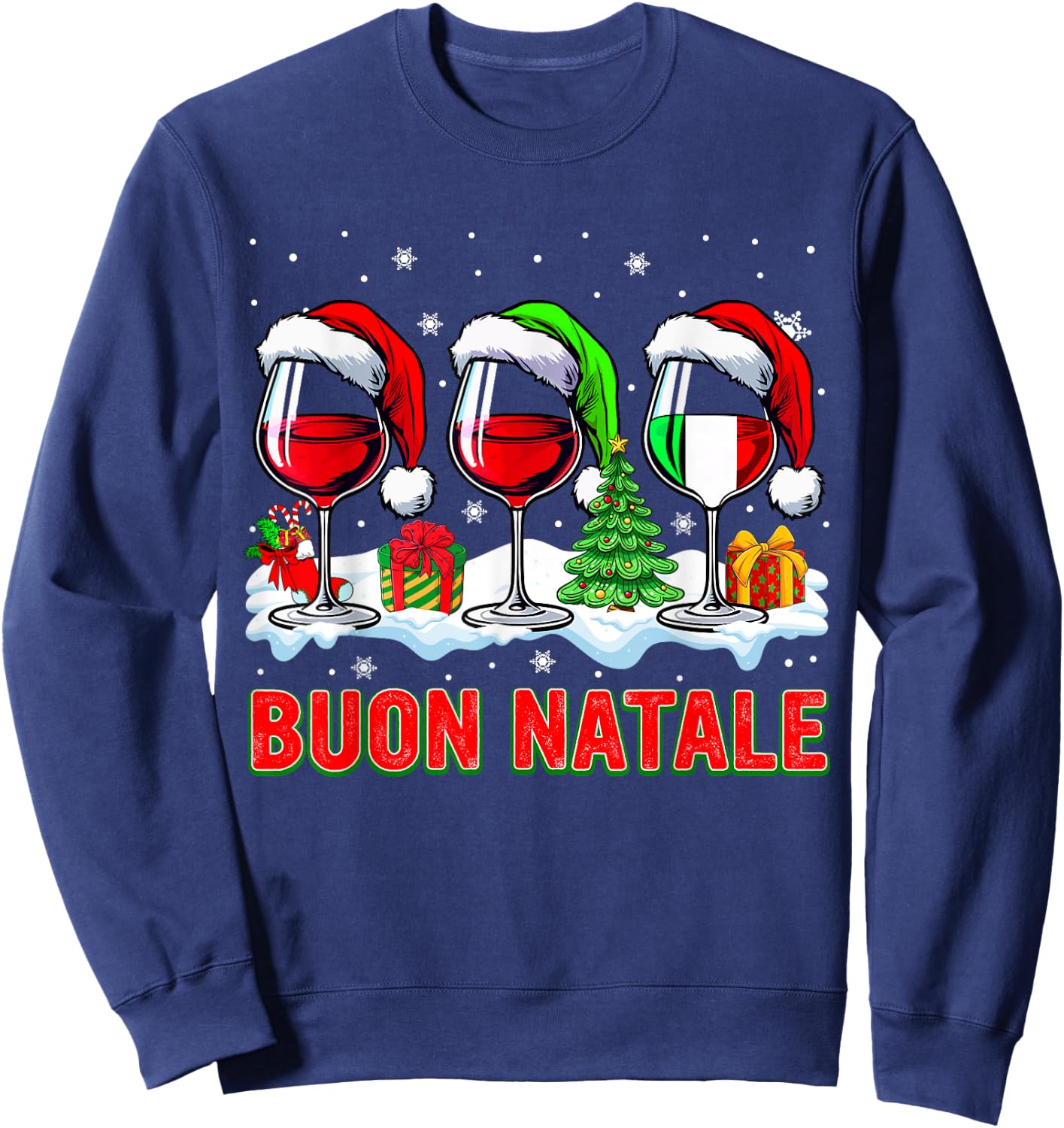 Buon Natale Merry Christmas Italian Three Santa Wine Glasses Sweatshirt - Sweatshirt | Navy