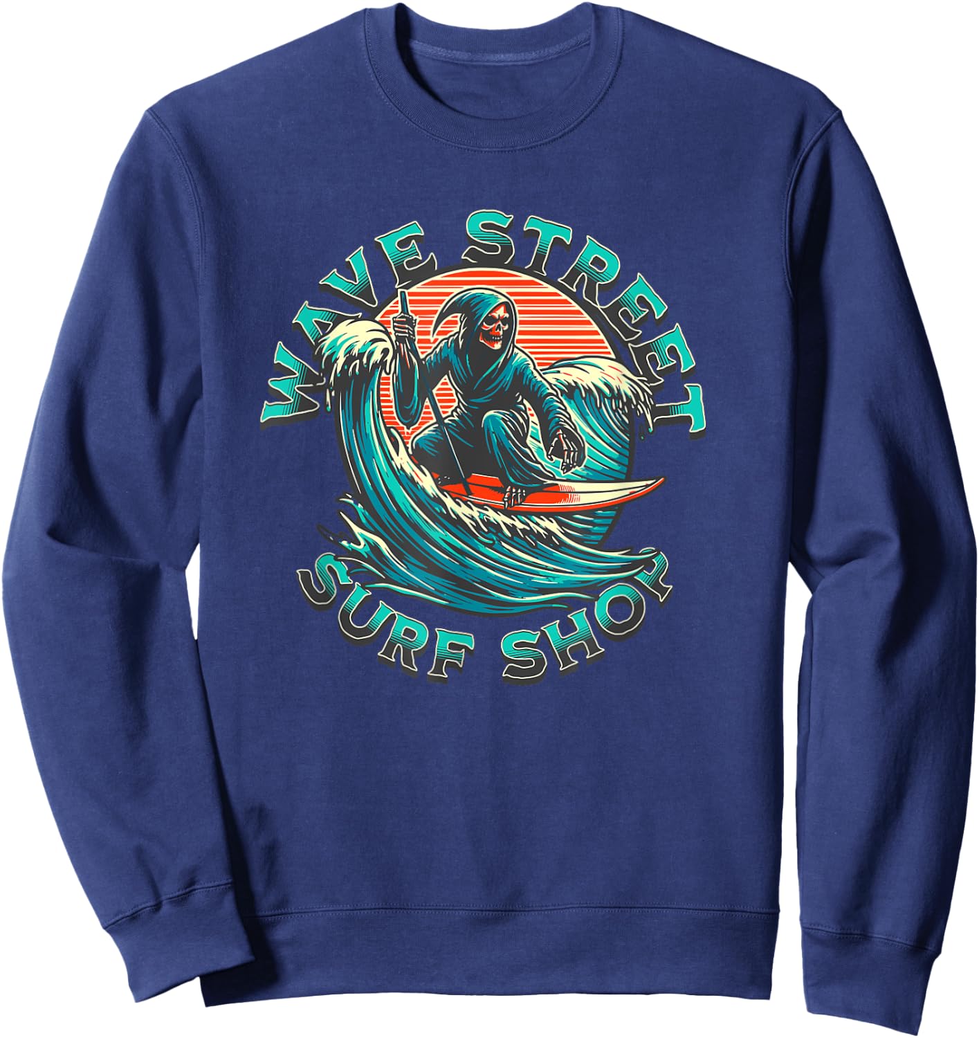 Wave Street Retro Vacation Beach Surfing Skul Graphic Sweatshirt - Sweatshirt | Navy