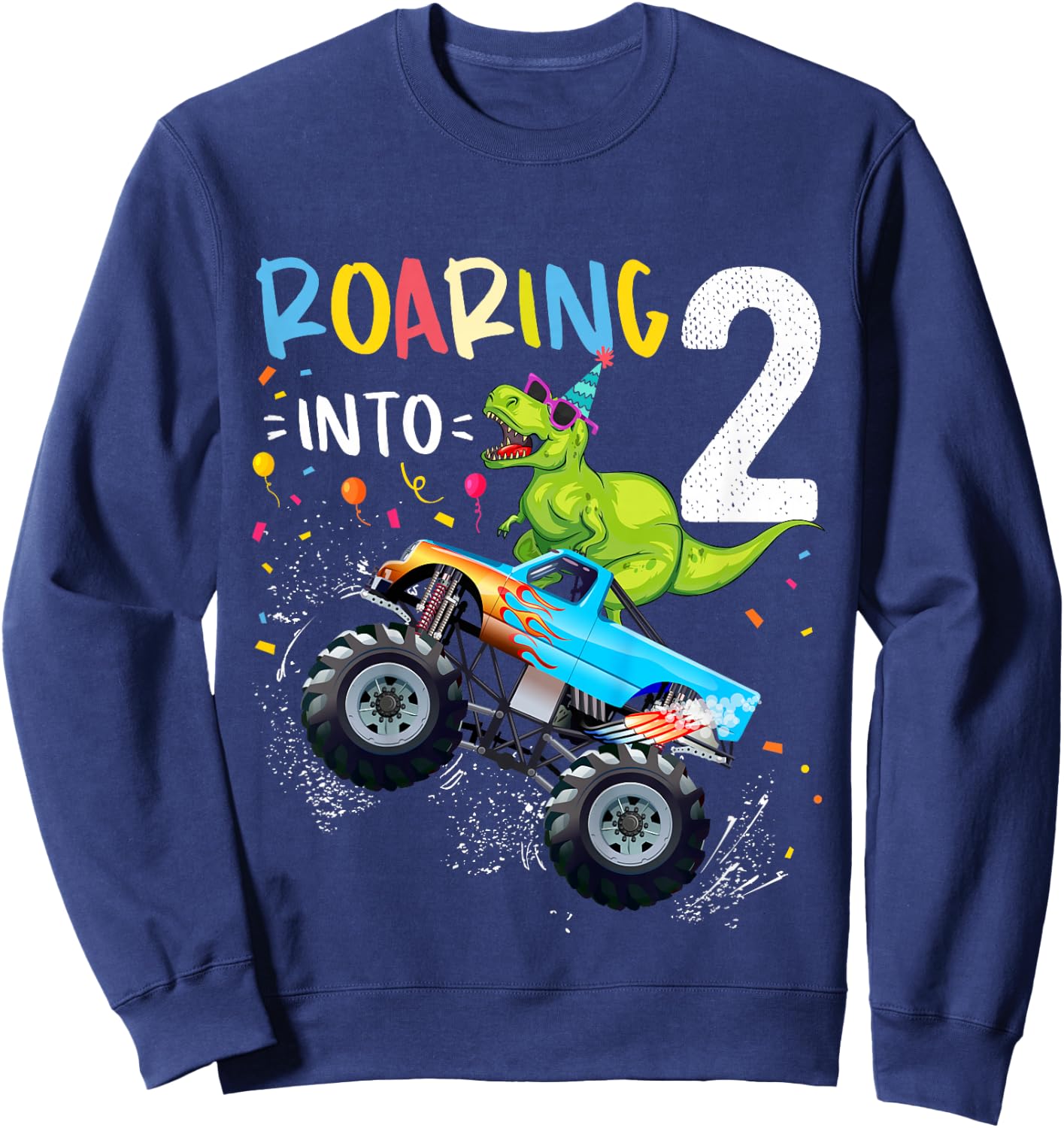 2nd Birthday T Rex Dinosaur Monster Truck Boys and Girls Sweatshirt - Sweatshirt | Navy