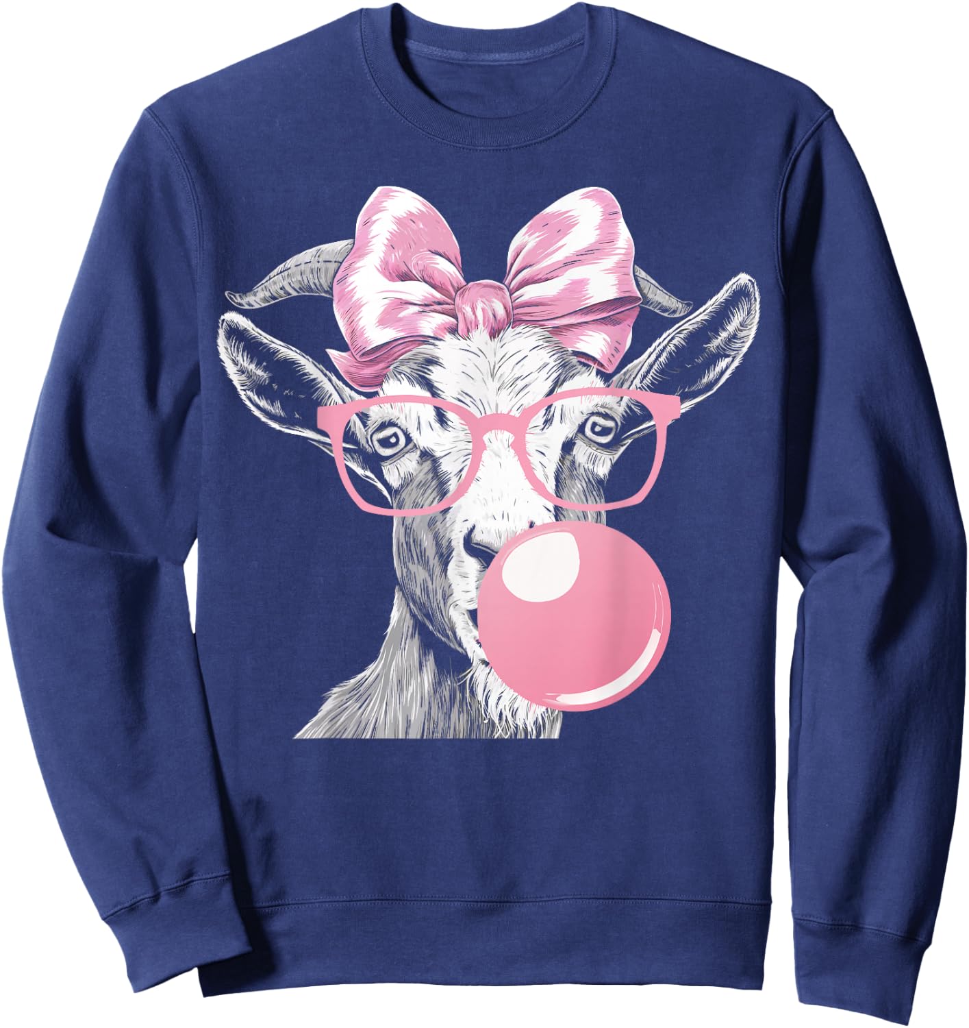 Goat Wearing Glasses and Blowing Pink Bubble Gum Sweatshirt - Sweatshirt | Navy