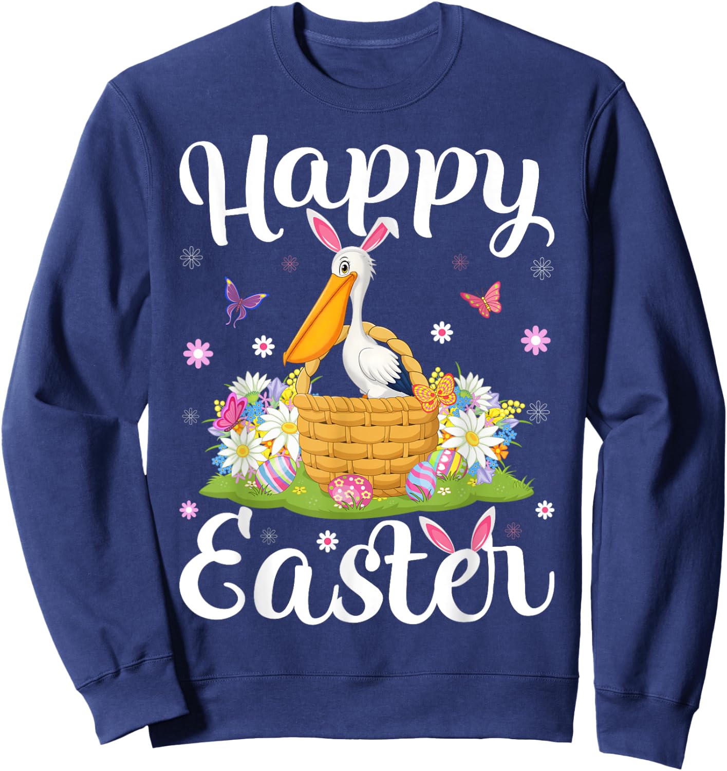 Pelican Bird Happy Easter Egg Hunt Bunny Ear Pelican Easter Sweatshirt - Sweatshirt | Navy