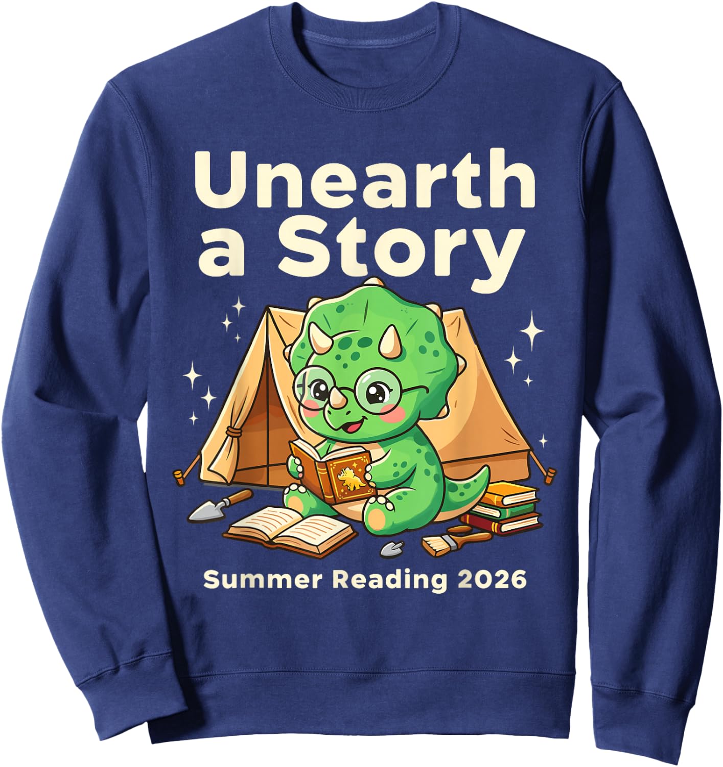 Unearth A Story Summer Reading 2026 Dinosaur Book Floral Sweatshirt - Sweatshirt | Navy