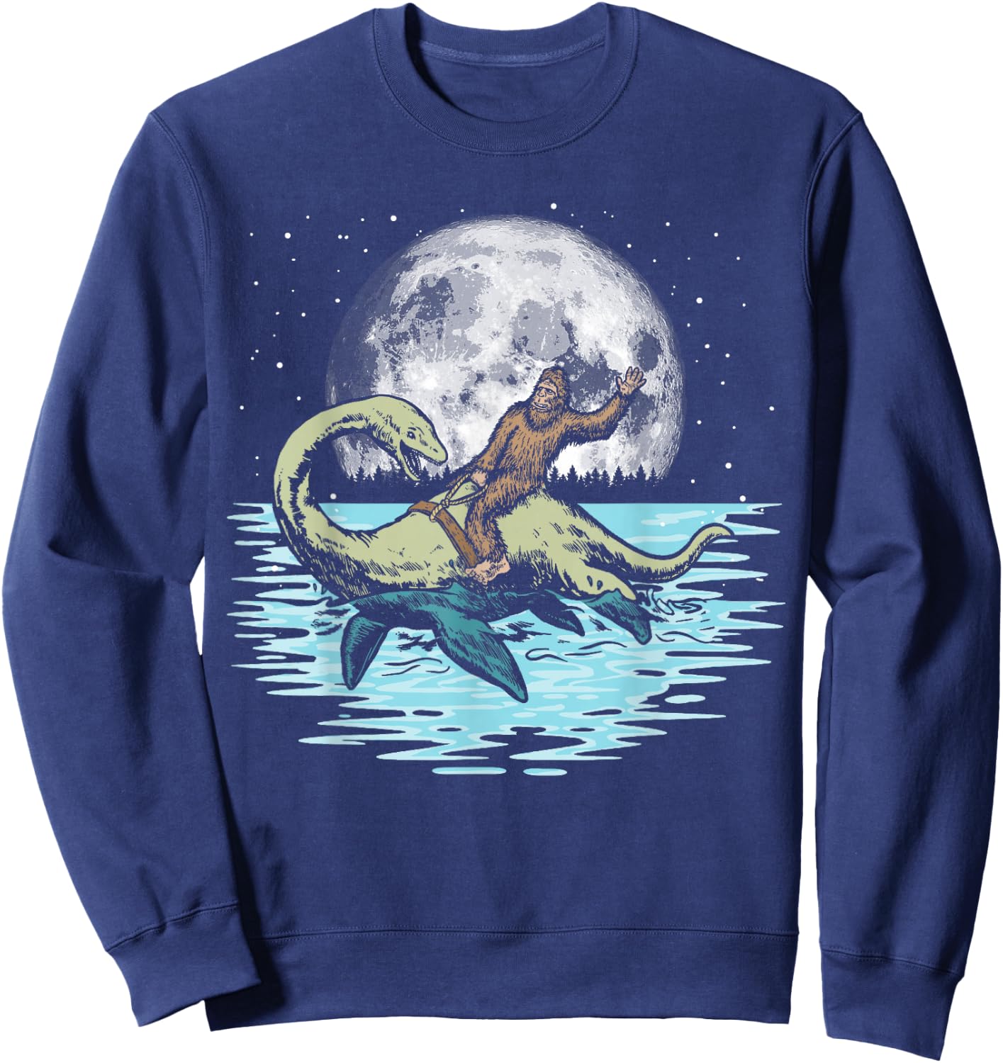 Funny Bigfoot Riding Nessie Loch Ness Monster & Full Moon Sweatshirt - Sweatshirt | Navy