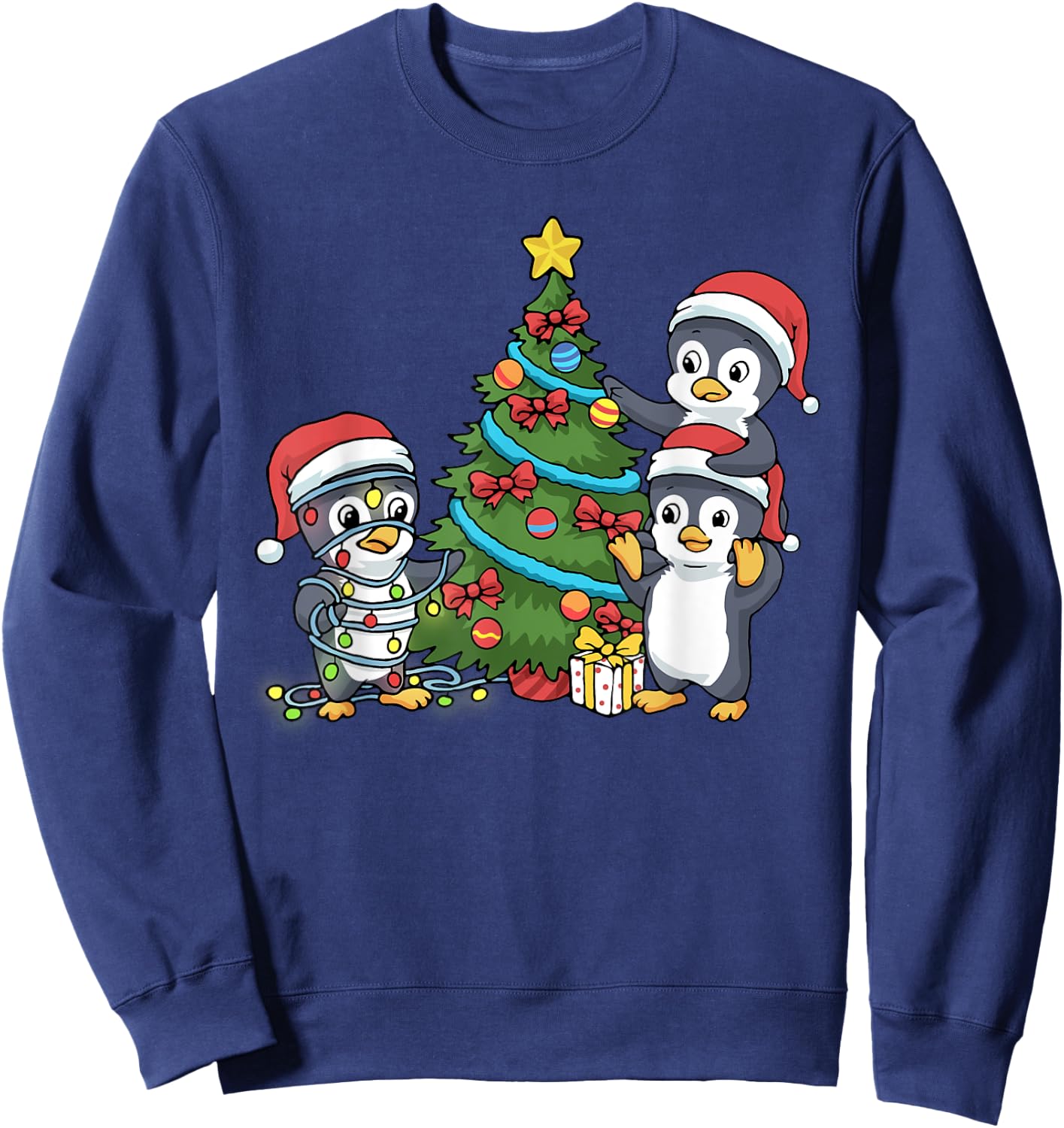 Kids Christmas Penguin Christmas Tree Lights Baubles Sweatshirt - Sweatshirt | Navy