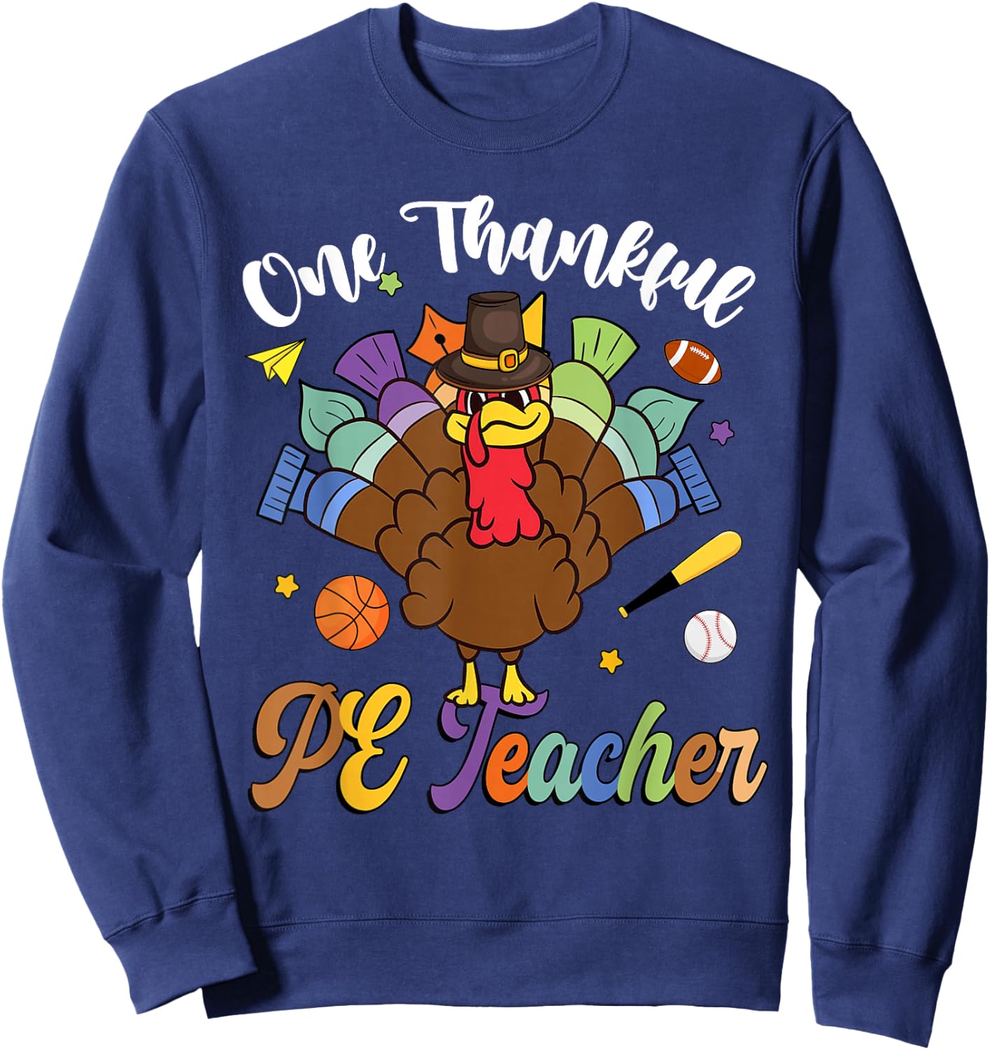 One Thankful PE Teacher Turkey Thanksgiving -Adults & Kids Classic Fit Black Polyester 100% Short Sleeve Sweatshirt - Sweatshirt | Navy