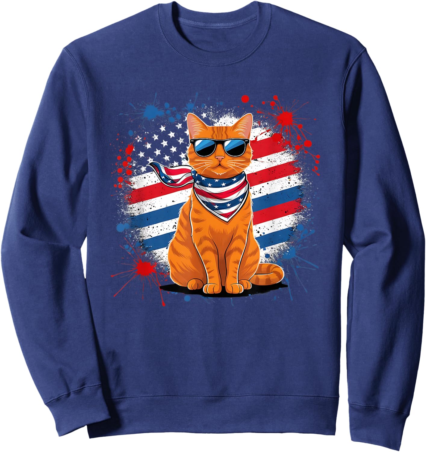 Funny Vintage Orange Tabby Cat Sunglasses Scarf USA Flag Sweatshirt - Sweatshirt | Navy