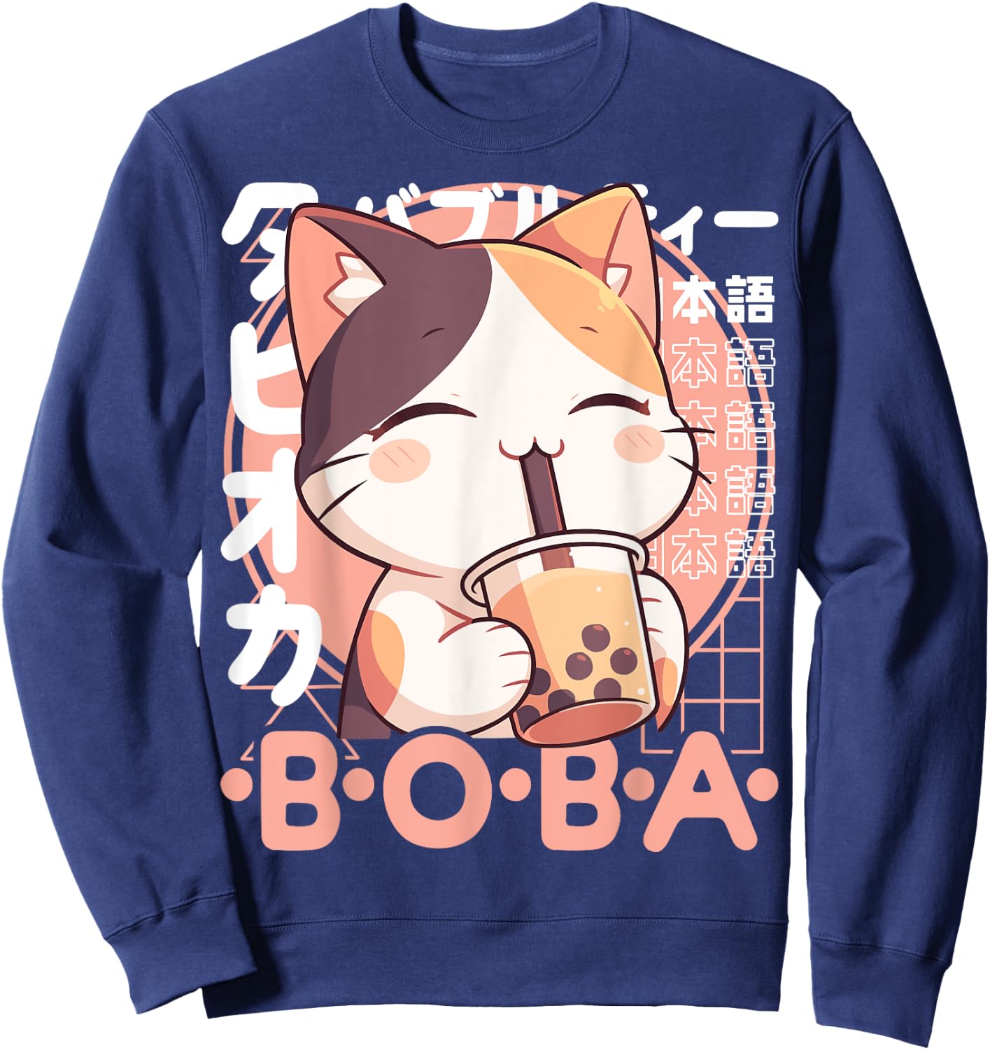 Cat Boba Tea Kawaii Bubble Tea Cat Anime Neko Calico Cat Sweatshirt - Sweatshirt | Navy