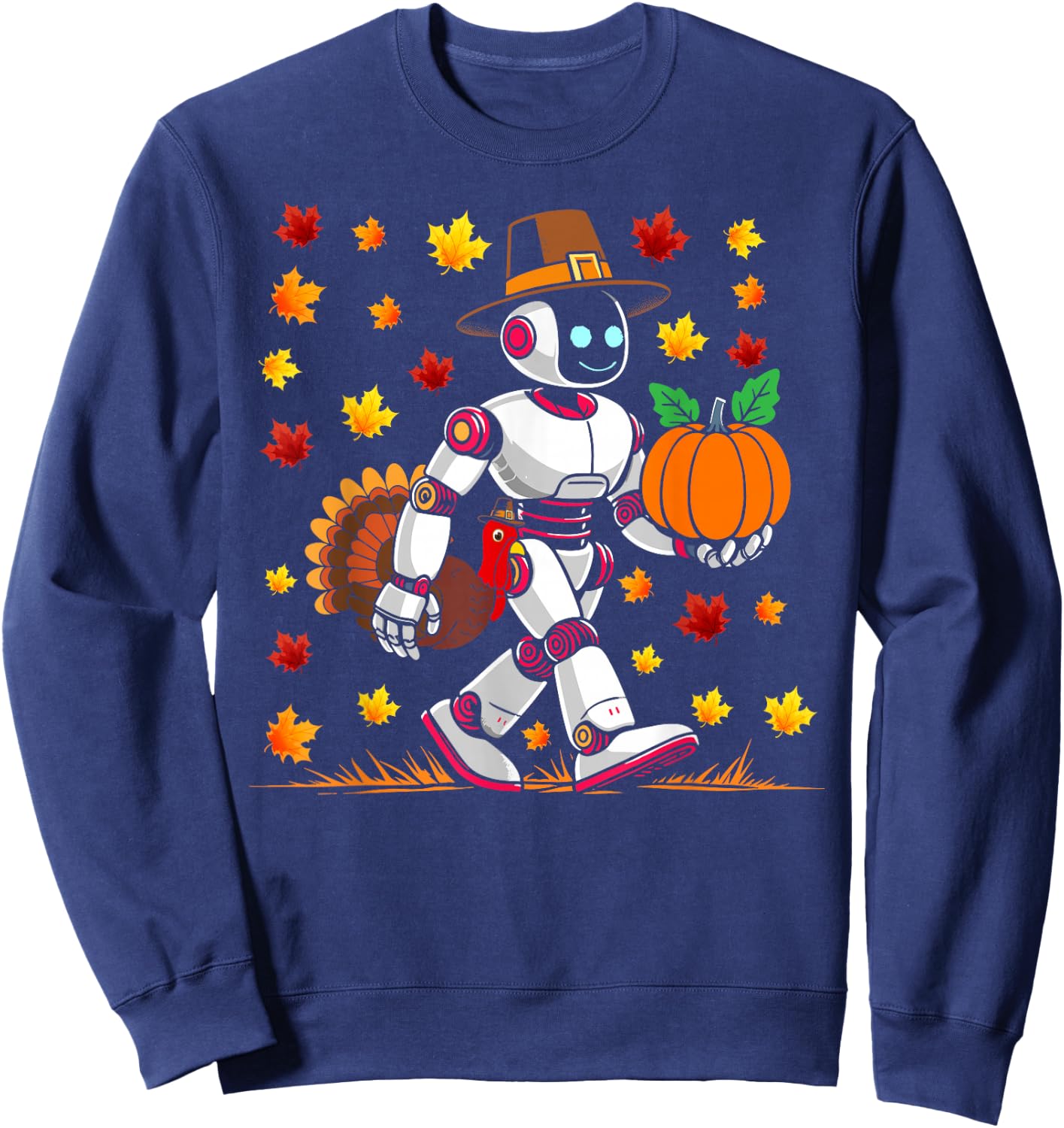 Robot thanksgiving Pilgrim Turkey Pumpkin fall autumn leaves Sweatshirt - Sweatshirt | Navy