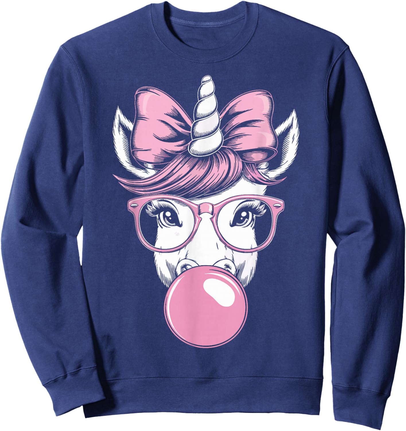 Unicorn Wearing Glasses and Blowing Pink Bubble Gum Sweatshirt - Sweatshirt | Navy