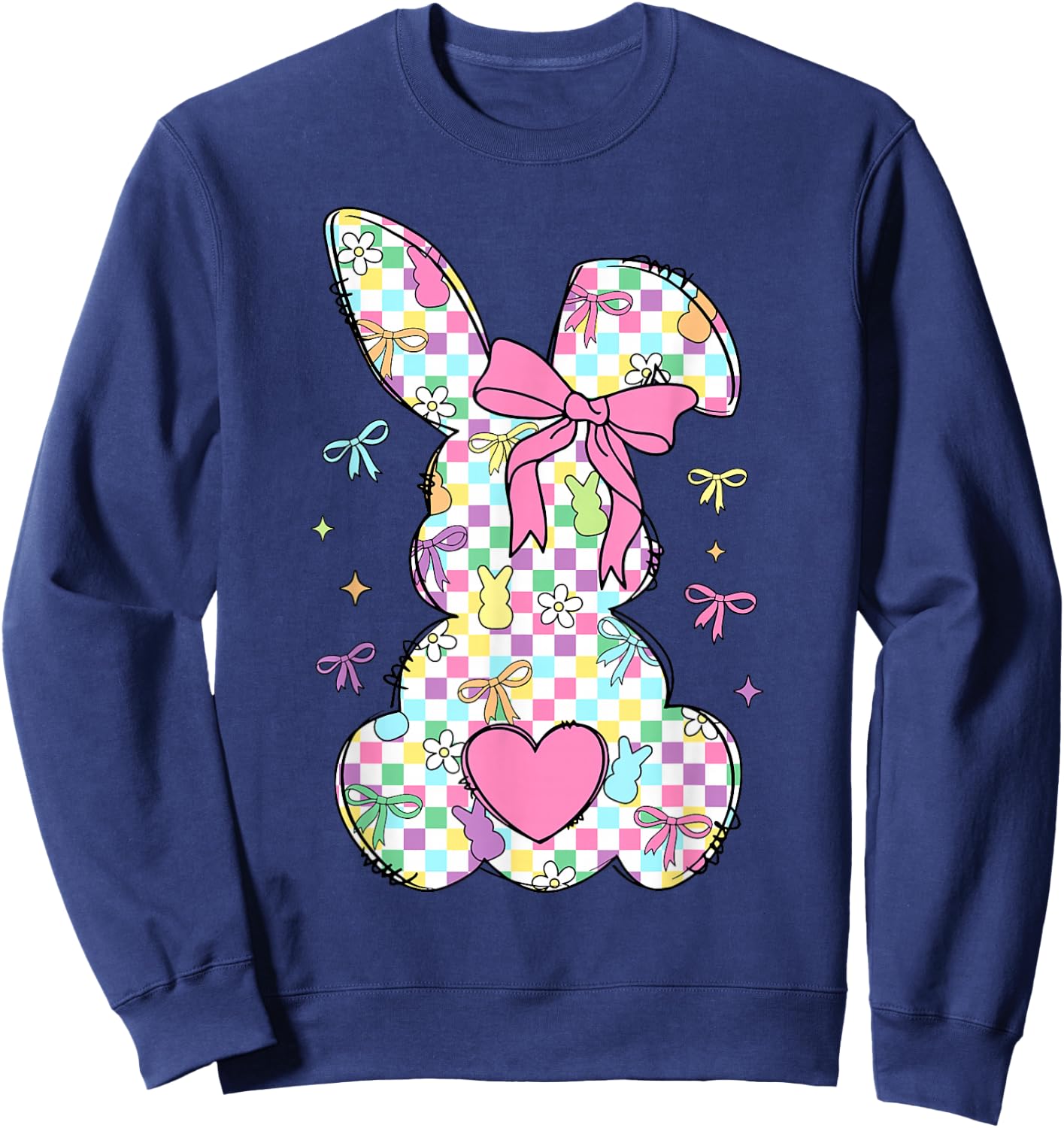 Happy Easter Day Bunny Rabbit With Cute Bow Coquette Kids Sweatshirt - Sweatshirt | Navy