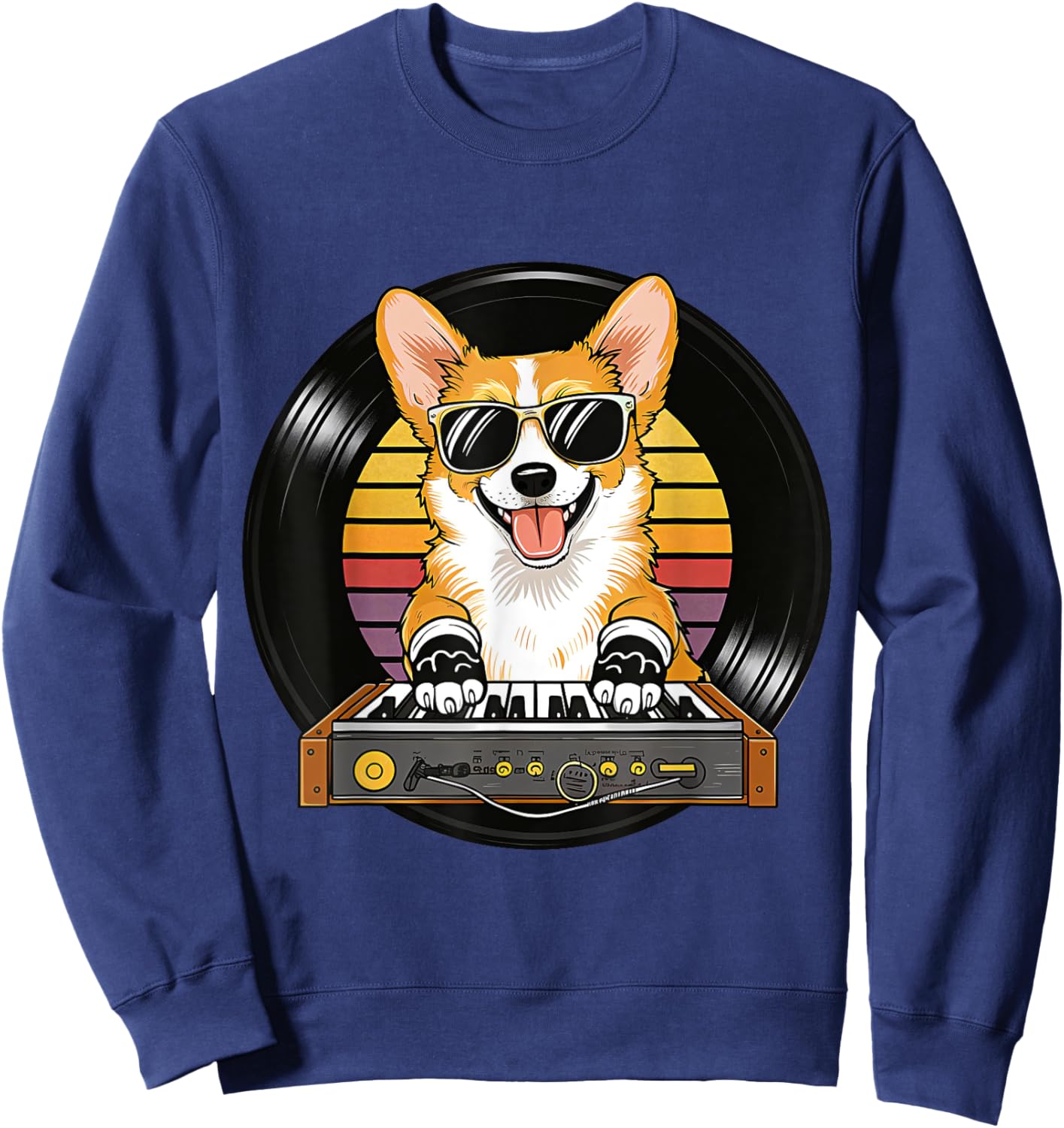 Funny Cute Corgi Synthesizer Dog Lover Playing Music Retro Sweatshirt - Sweatshirt | Navy