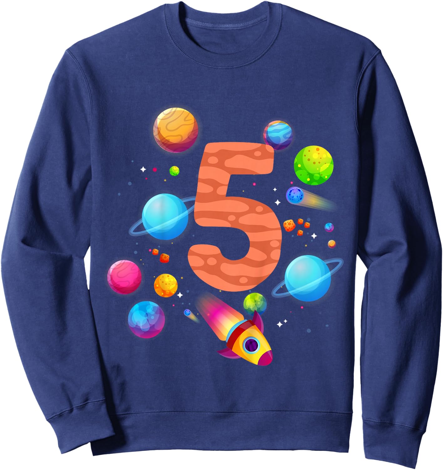 Children's 5th Birthday Boys 5 Years Planets Space Birthday , black, 80 Sweatshirt - Sweatshirt | Navy