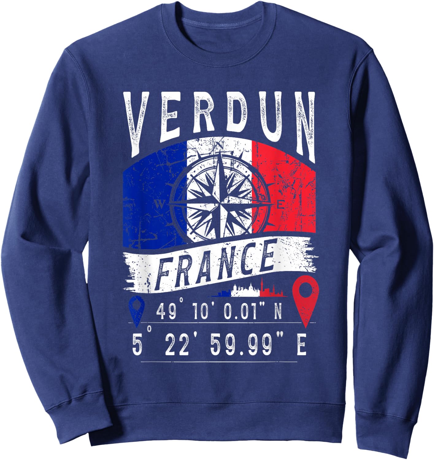 Verdun France Flag GPS Coordinates of Verdun , Black, S Sweatshirt - Sweatshirt | Navy