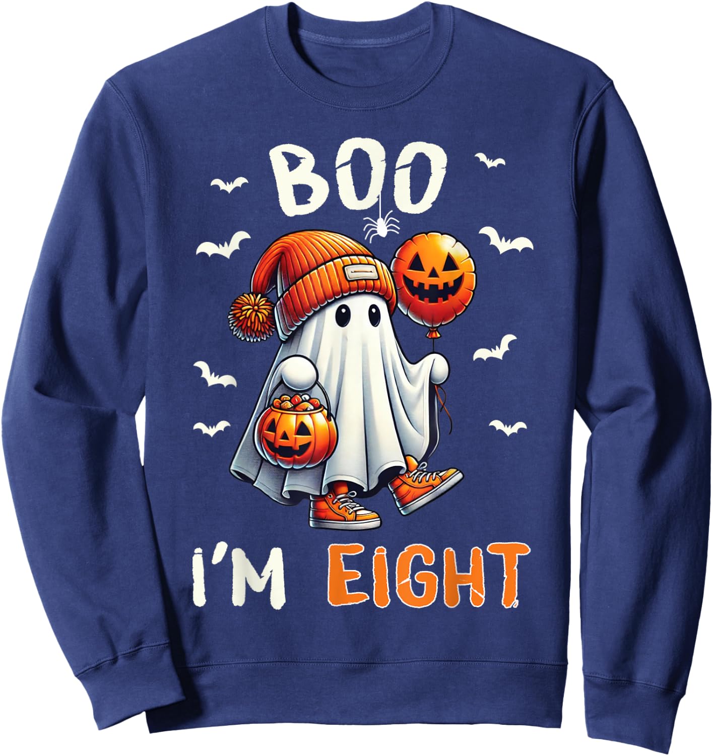 Boo I'm Eight Ghost 8th Birthday Halloween Boy Kids Groovy Sweatshirt - Sweatshirt | Navy