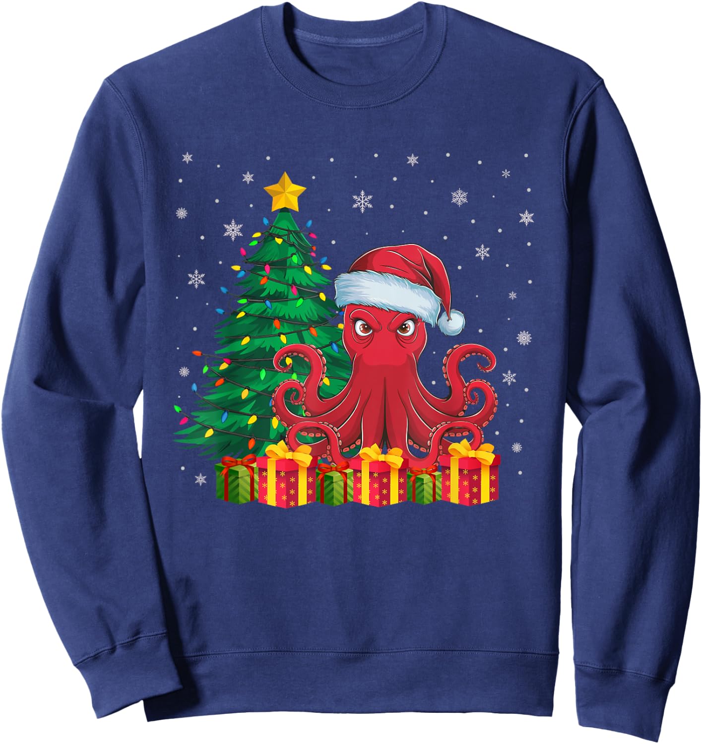 Ugly Octopus Santa Hat Christmas Tree Lights Pajama Sweatshirt - Sweatshirt | Navy
